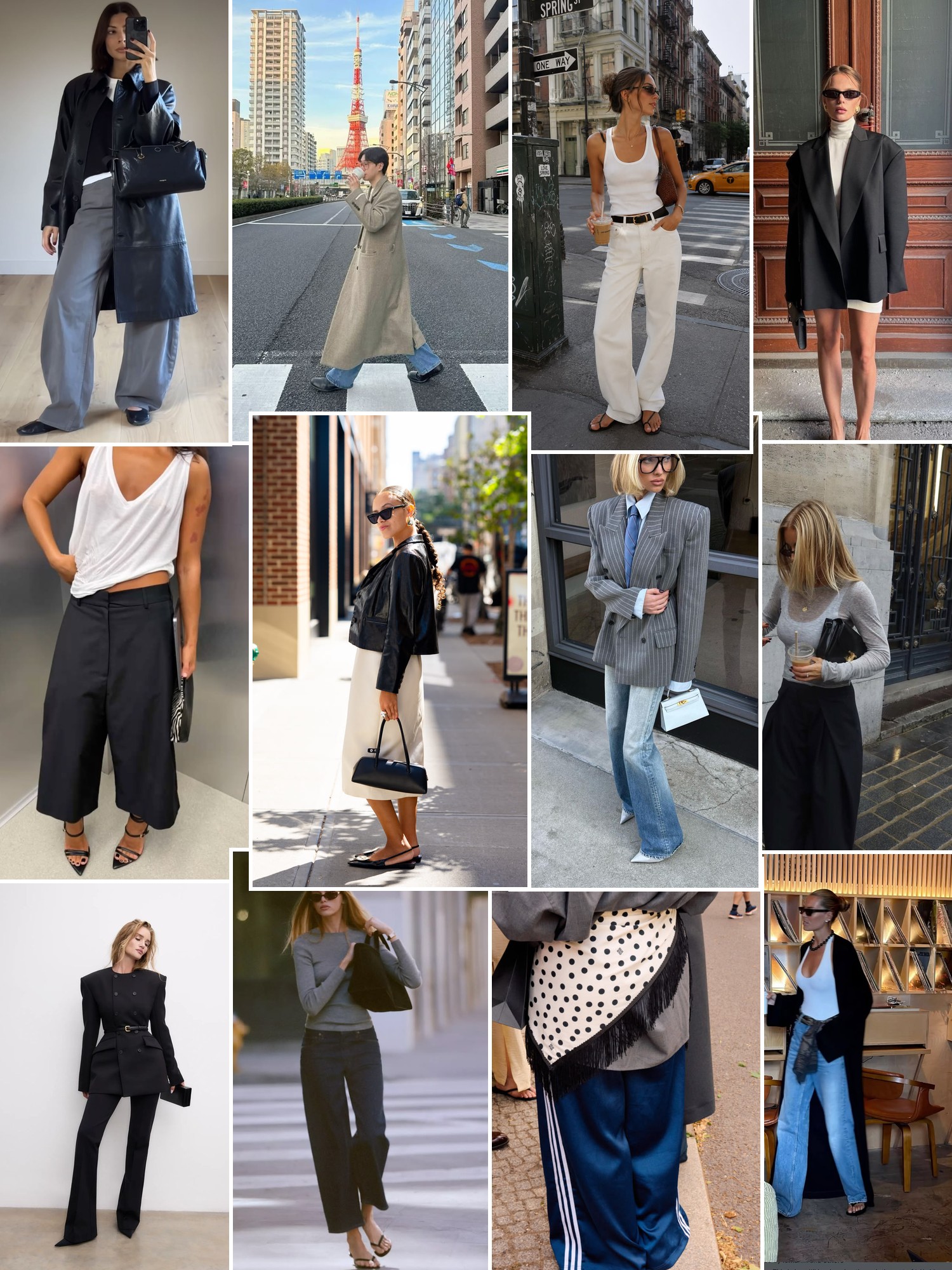 Collage of minimalist tailoring and relaxed city outfits in black, cream, grey and white