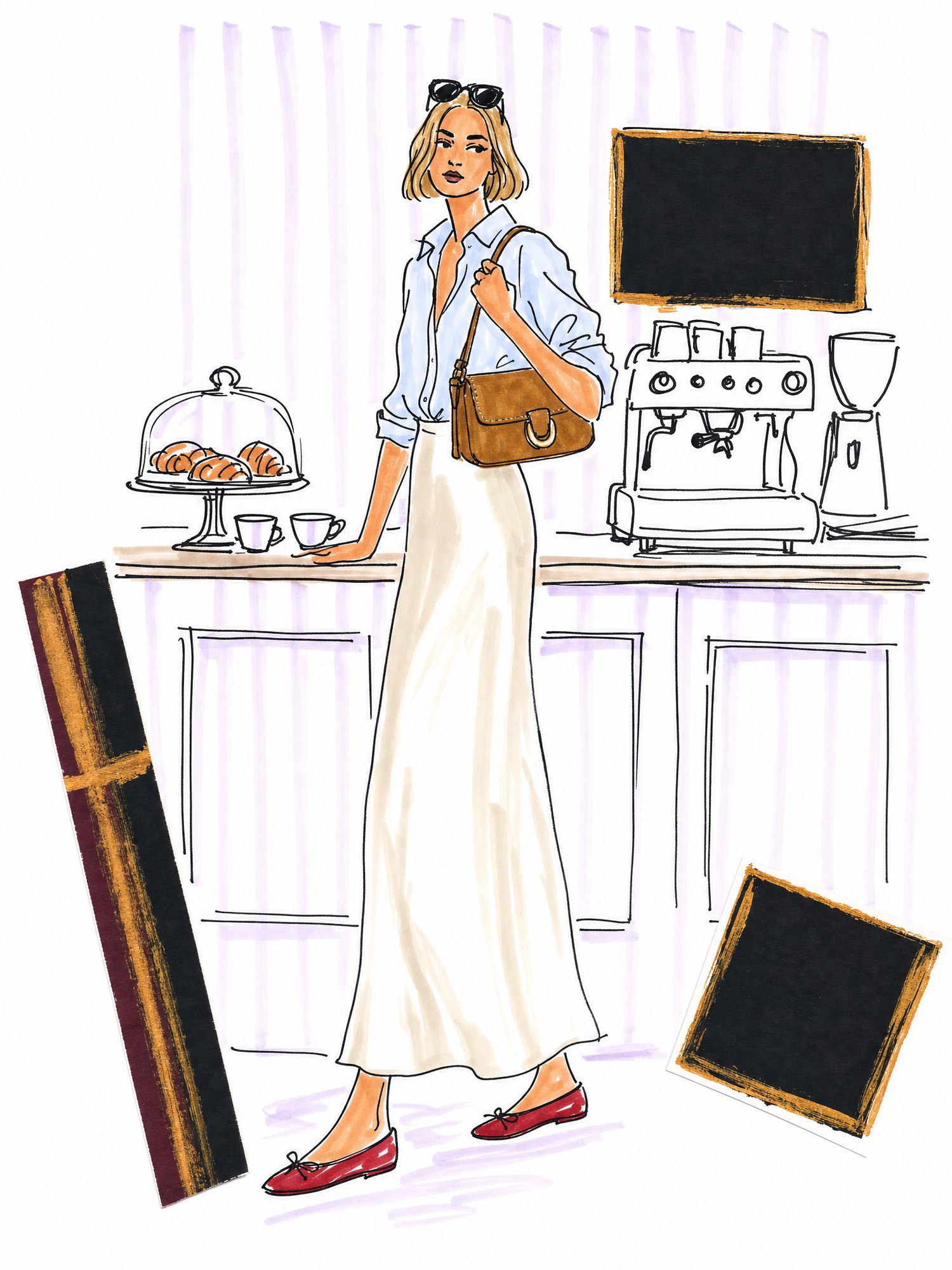 Illustration of a woman at a coffee shop counter in a light blue button-down shirt, cream satin maxi skirt, red ballet flats and a tan suede shoulder bag