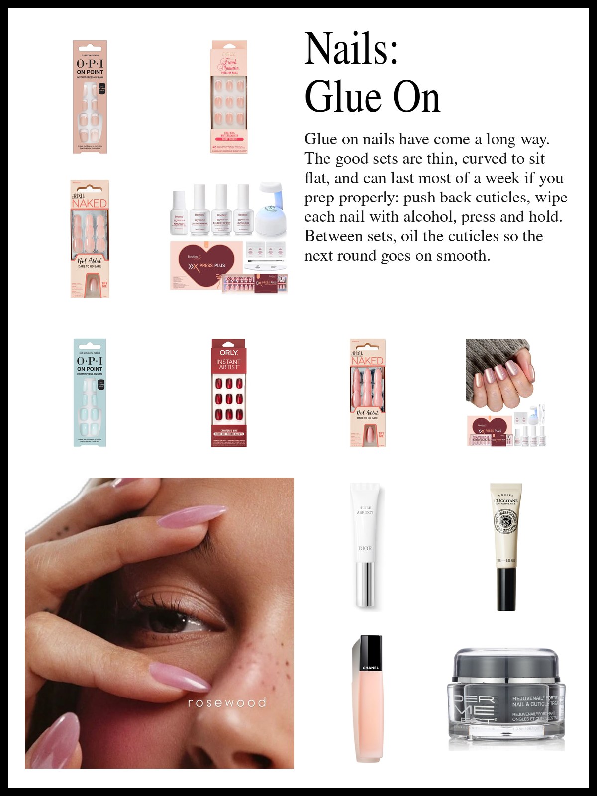 Collage of press-on nail sets and cuticle oils beside a close-up of a hand with pale pink nails.