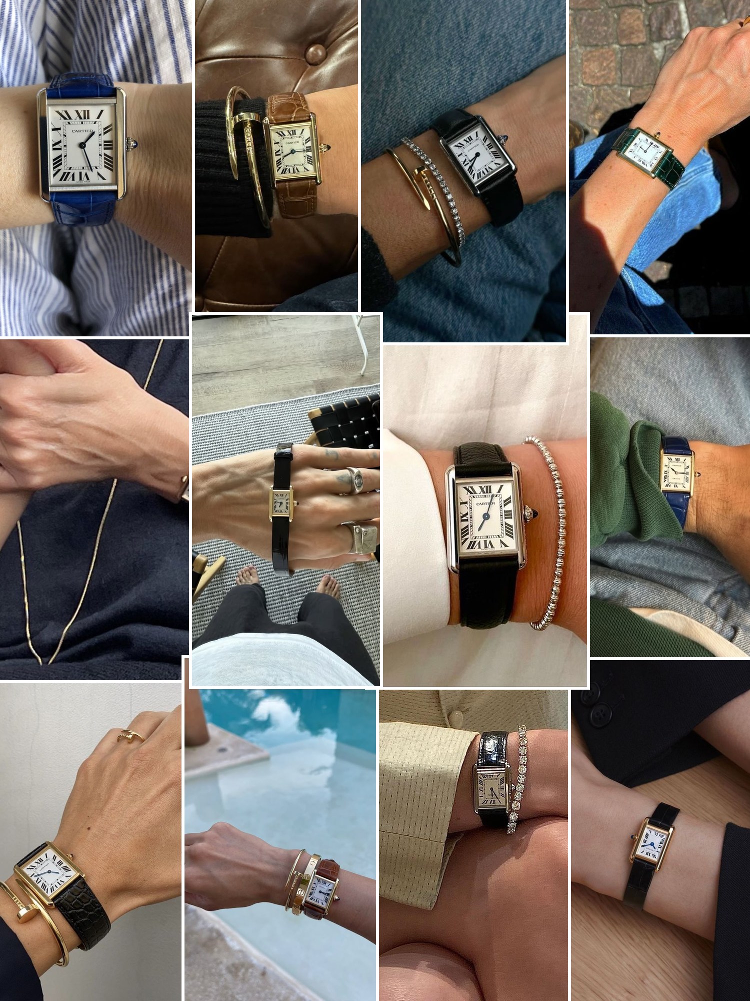 Collage of everyday outfits built around Cartier Tank Solo