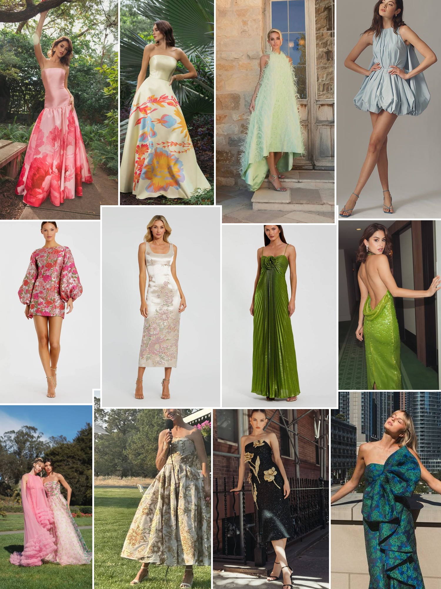 A collage of embellished evening gowns in garden, courtyard, city and studio settings.