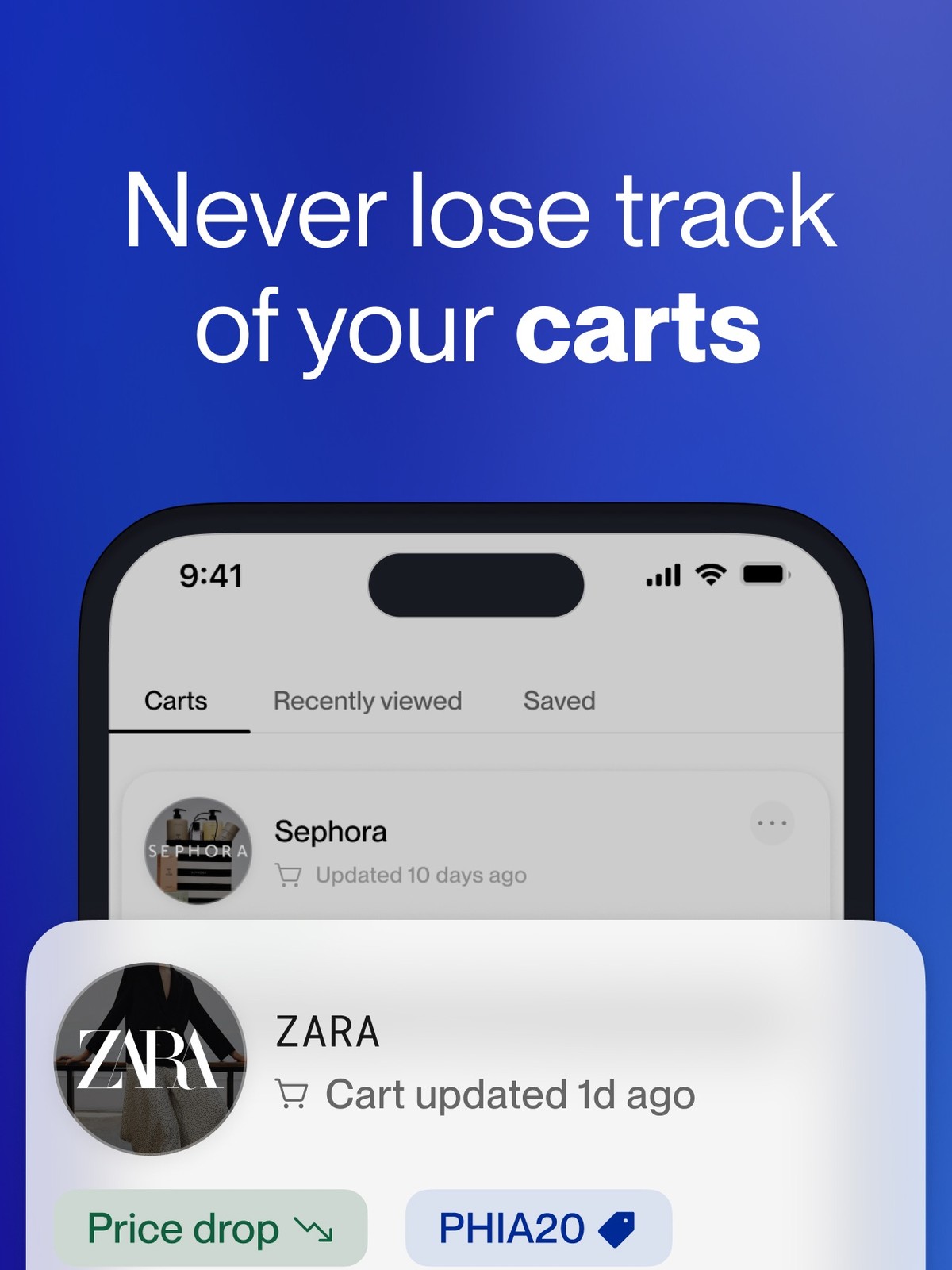 Phia carts screen tracking carts from several stores, with a price drop flag and a saved code