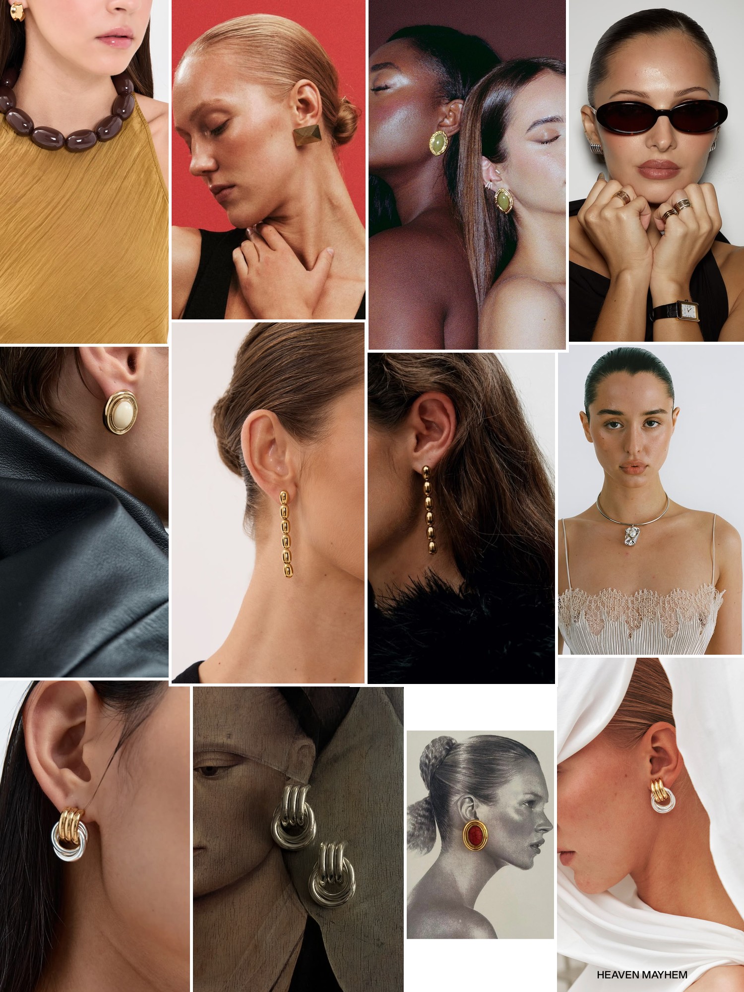 Collage of rings, earrings and layered necklaces worn up close, in the spirit of Heaven Mayhem