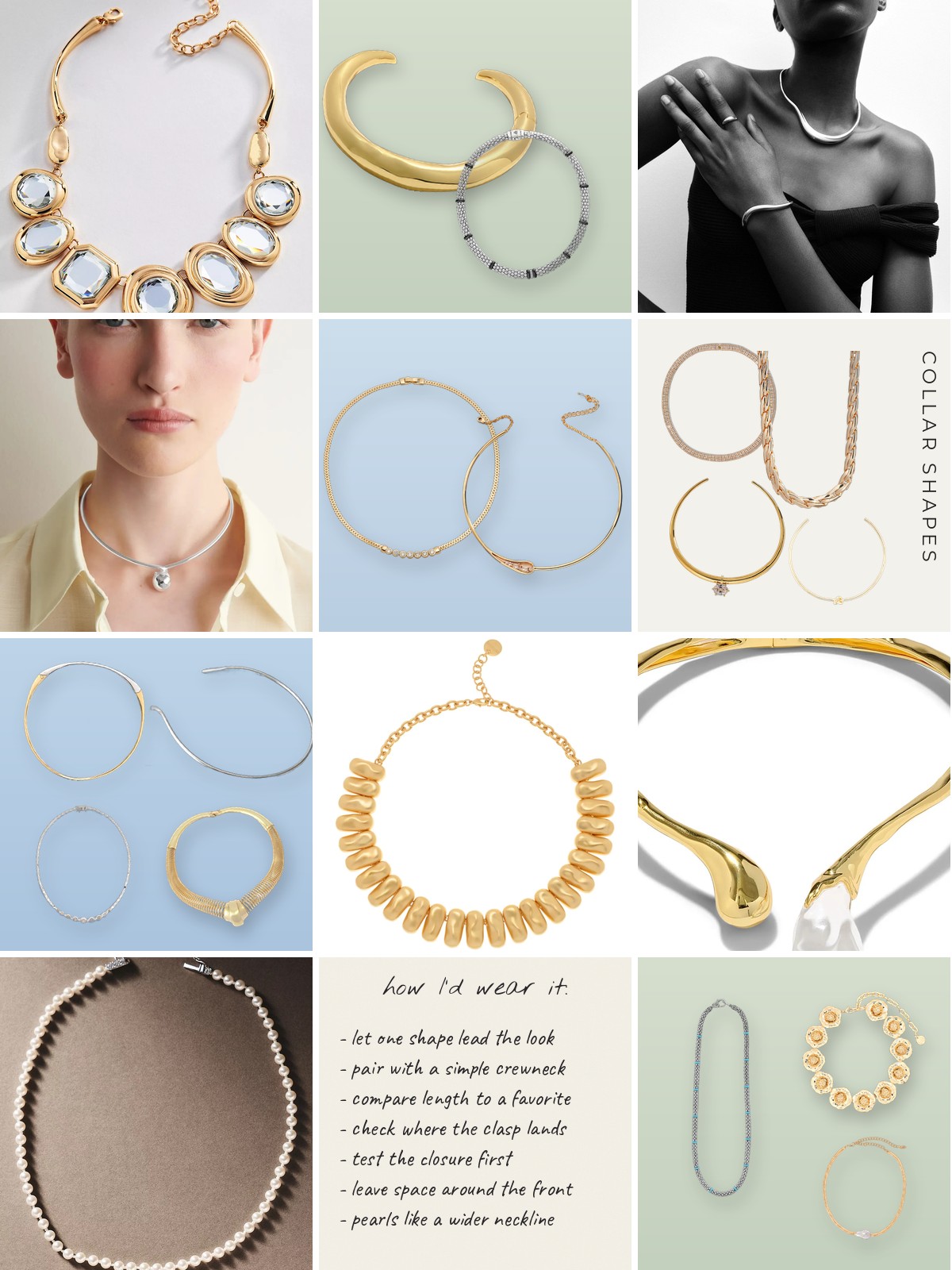 Collage: twenty collar necklace products with a how I would wear it note