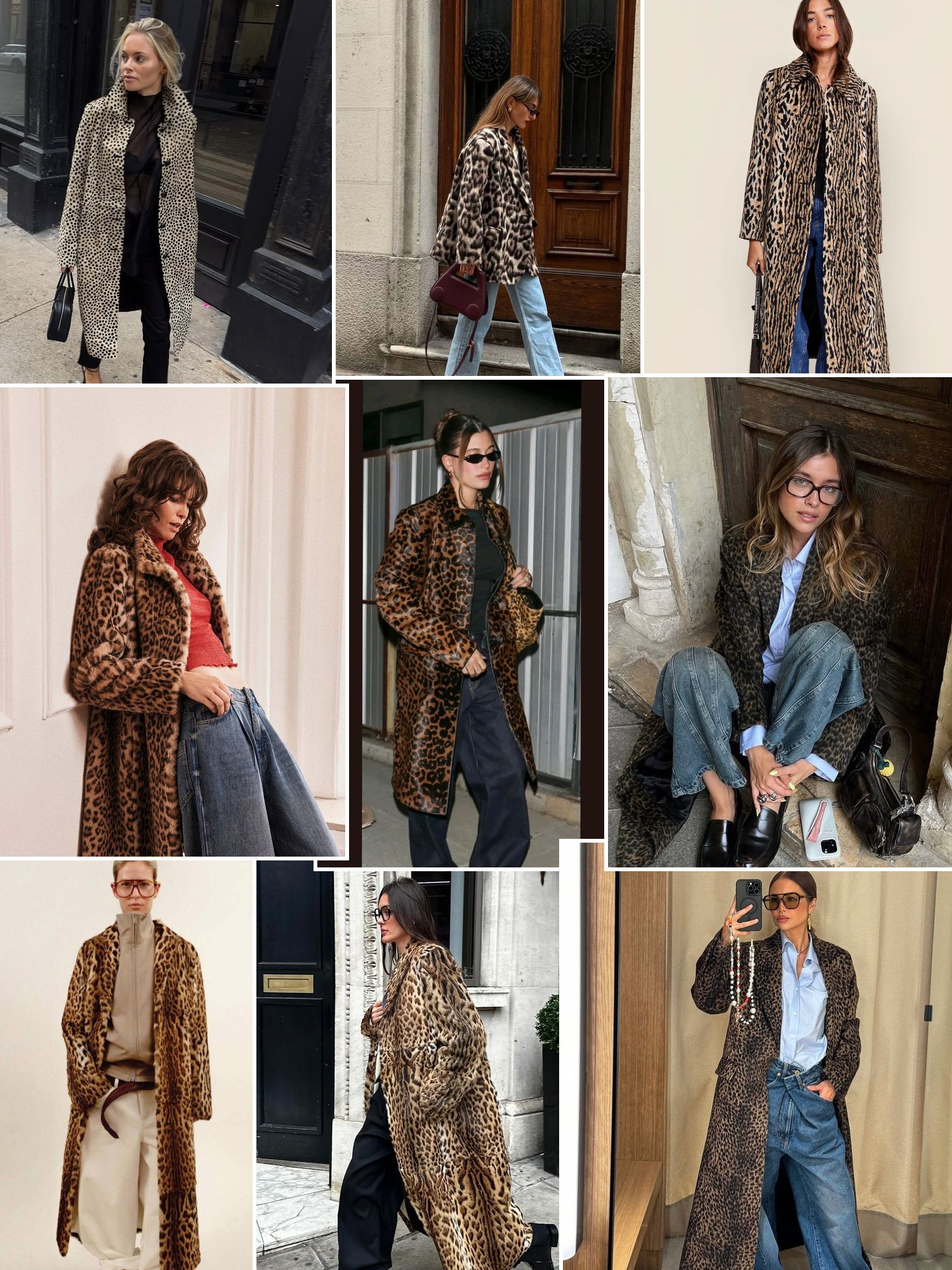 Street style collage of women wearing Leopard coat