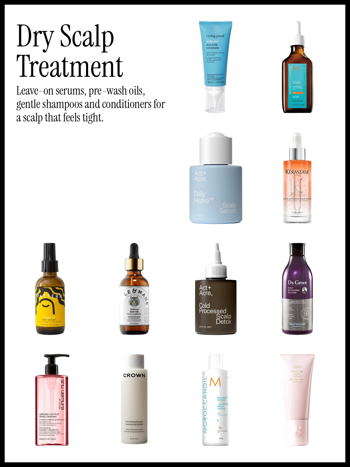 Collage of Living Proof Scalp Care Dry Scalp Treatment, PATTERN by Tracee Ellis Ross Jojoba Hair & Scalp Oil Blend and Dr. Groot Scalp Soothing Shampoo