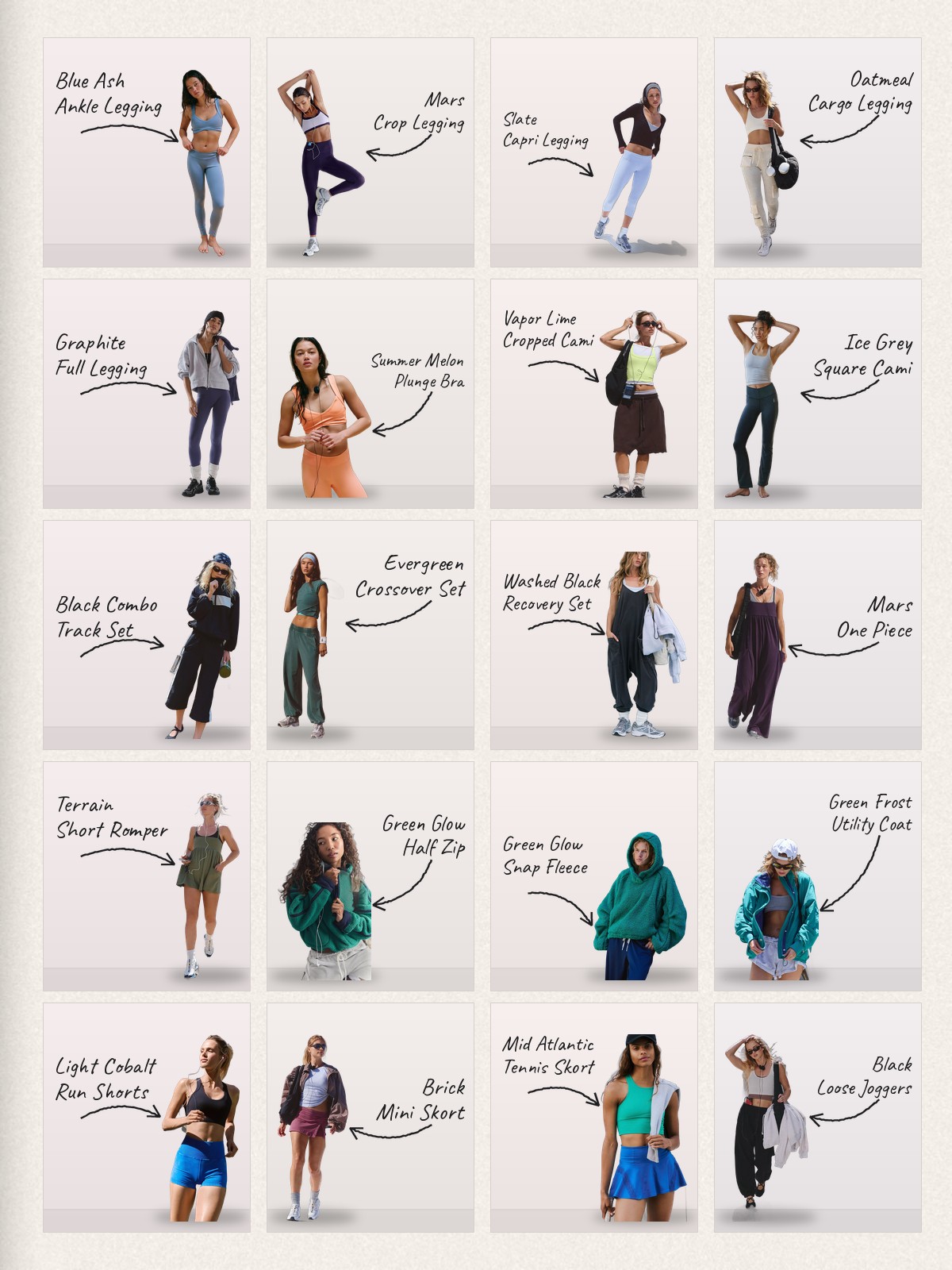 Collage: twenty FP Movement products with handwritten labels