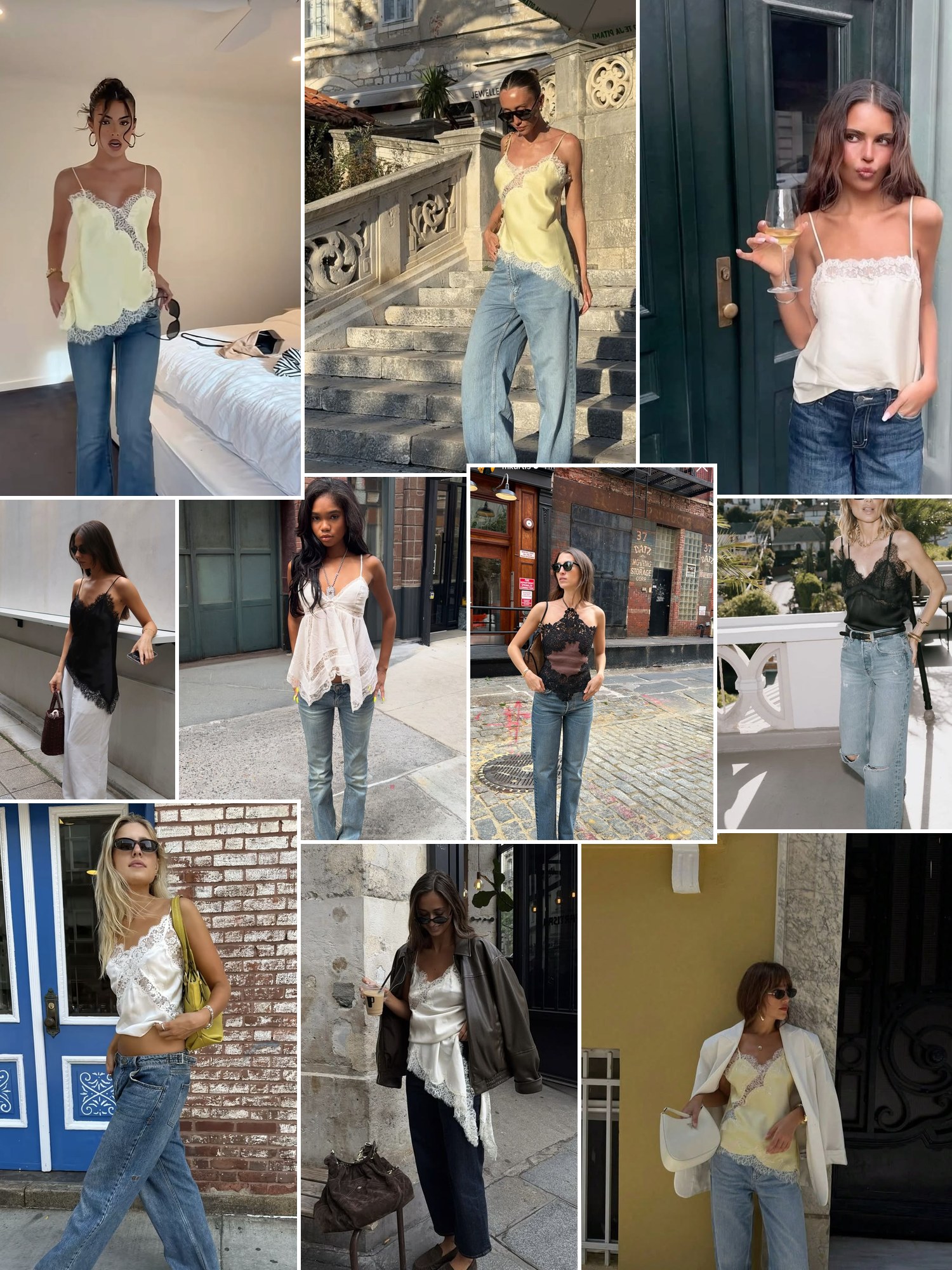 Street style collage of women wearing Lace cami