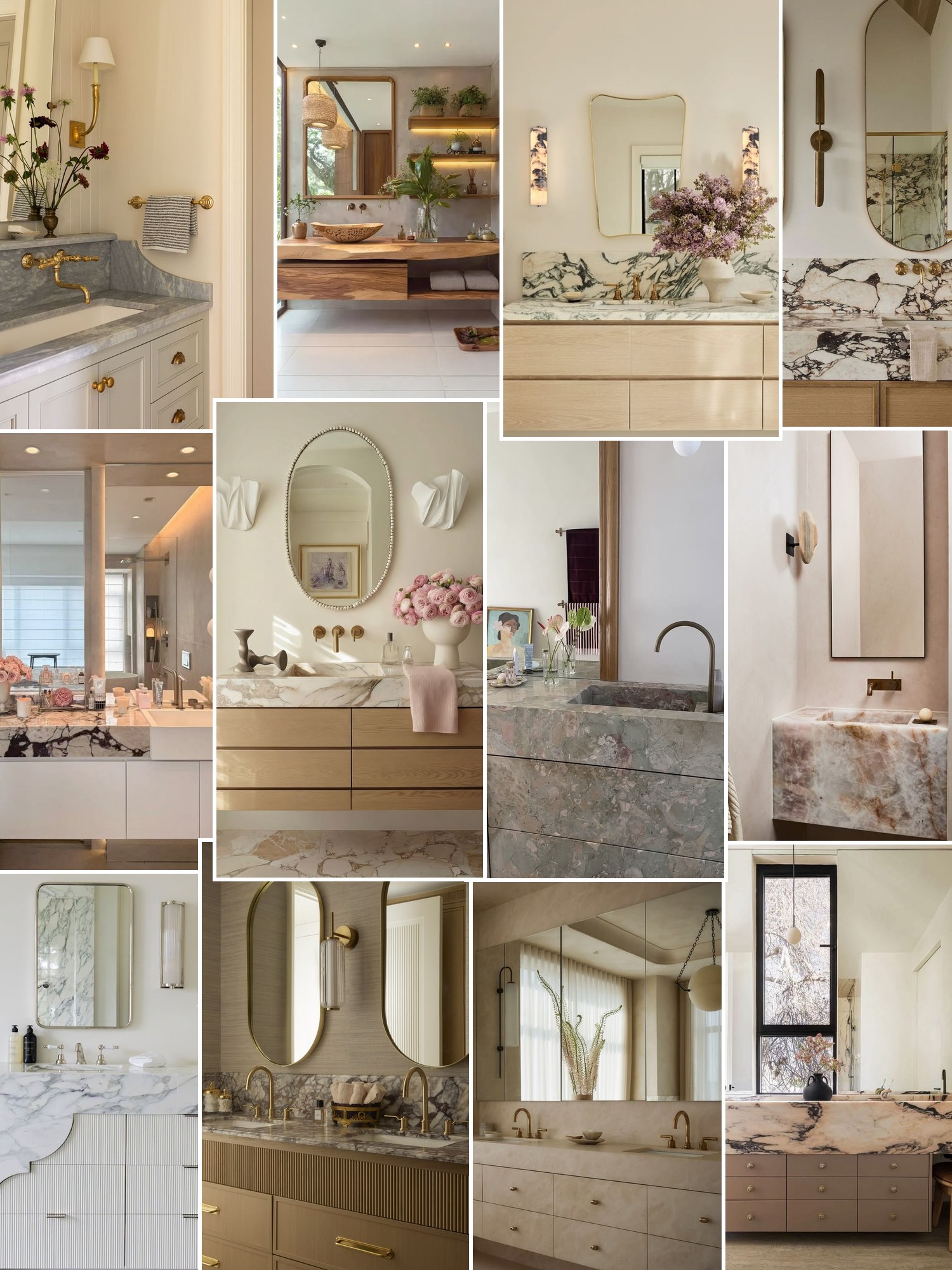 Collage of everyday outfits built around bathroom vanity