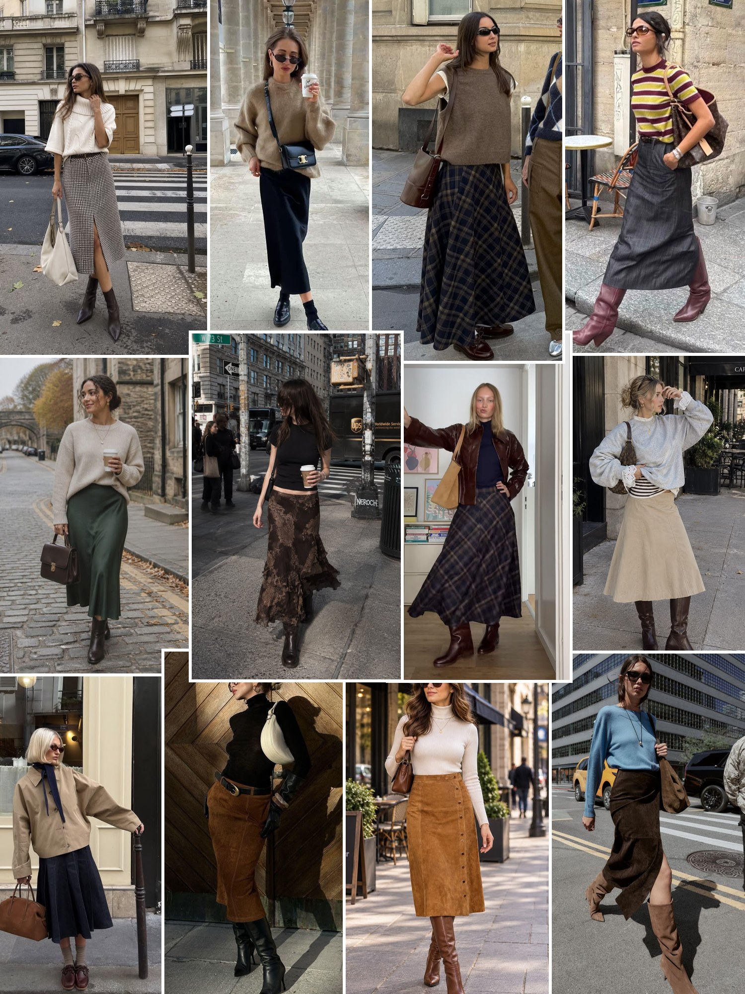 Collage of fall outfits with midi skirts in suede, satin and tartan