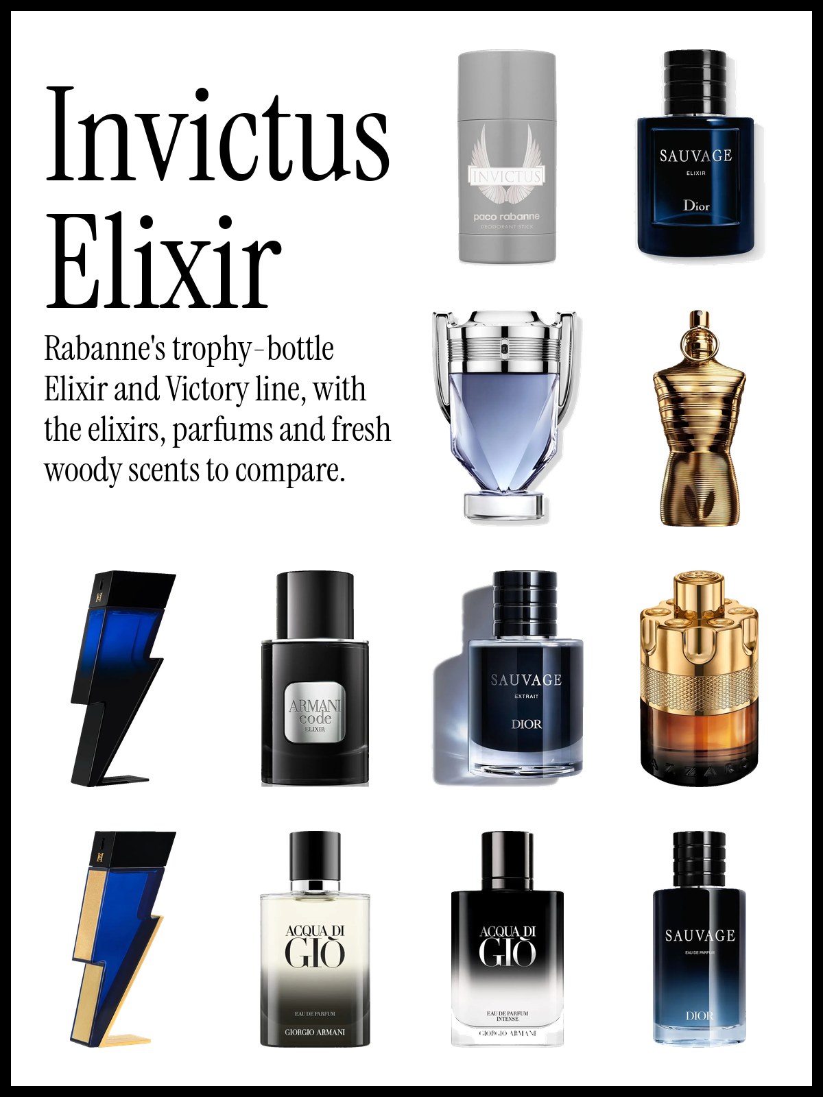 Collage of Rabanne Invictus, Dior Sauvage Elixir and Sauvage Extrait, Le Male Elixir Absolu, Bad Boy Cobalt Elixir and Acqua di Giò Eau de Parfum