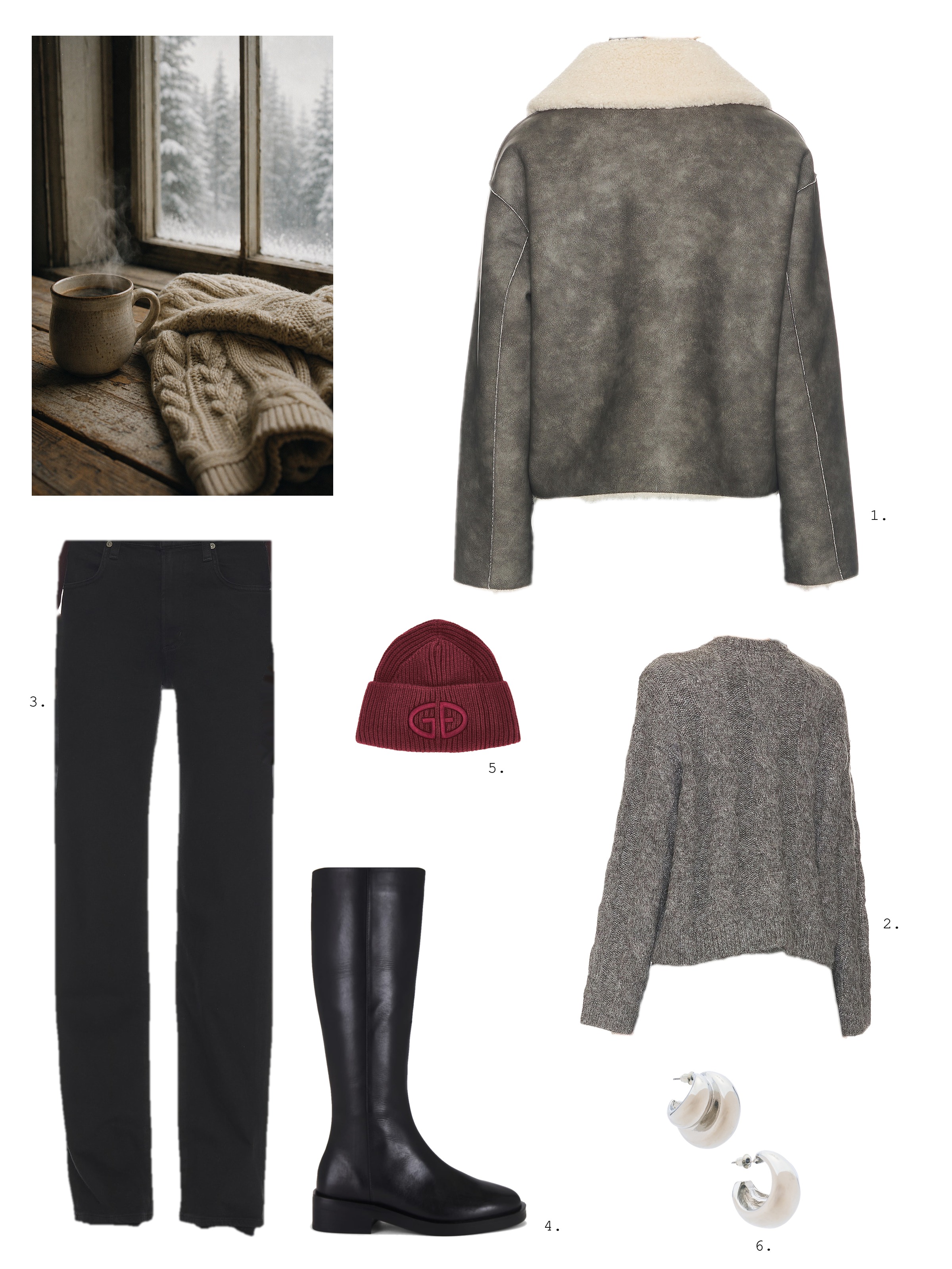 Winter moodboard collage: a photo of a cable knit and coffee by a snowy window beside a dark grey jacket with a cream shearling collar, a grey cable sweater, black straight jeans, flat black riding boots, a burgundy beanie and silver earrings.