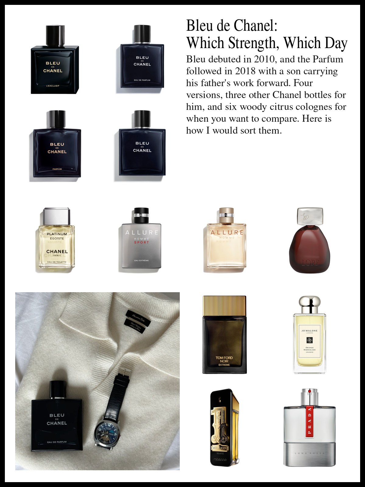 Collage of Chanel men's fragrances and woody citrus colognes beside a bright photo of glass bathroom shelves holding makeup brushes, a comb, lipstick, cotton balls, small scissors, a bar of soap and a nail brush.