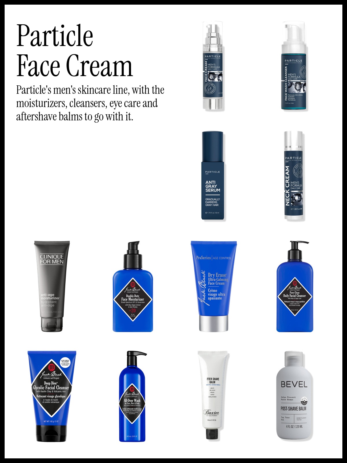 Collage of Particle Face Cream For Men, Clinique For Men Anti-Aging Moisturizer and Jack Black Pure Clean Daily Facial Cleanser