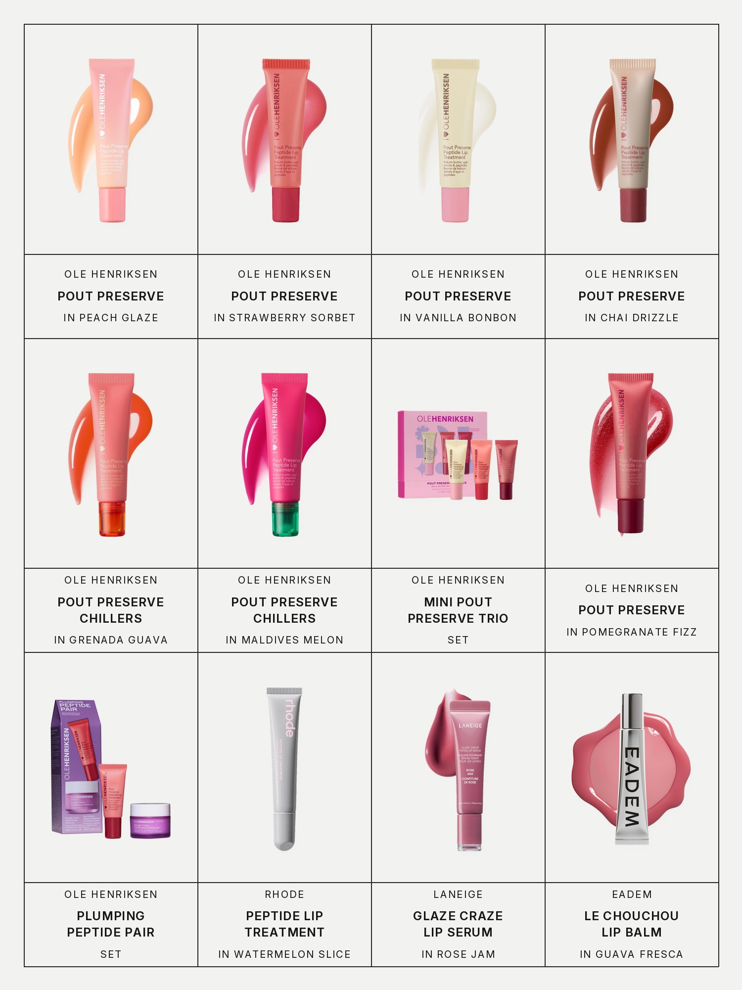 Twelve boxes on a pale gray page, one for each product in this edit, each with its brand and name printed below: Ole Henriksen Pout Preserve Hydrating Peptide Lip Treatment in Peach Glaze, Ole Henriksen Pout Preserve Hydrating Peptide Lip Treatment in Strawberry Sorbet, Ole Henriksen Pout Preserve Hydrating Peptide Lip Treatment in Vanilla Bonbon, Ole Henriksen Pout Preserve Hydrating Peptide Lip Treatment in Chai Drizzle, Ole Henriksen Pout Preserve Chillers Peptide Lip Treatment in Grenada Guava, Ole Henriksen Pout Preserve Chillers Peptide Lip Treatment in Maldives Melon, Ole Henriksen Pout Preserve Mini Hydrating Peptide Lip Trio Set, Ole Henriksen Pout Preserve Hydrating Peptide Lip Treatment in Pomegranate Fizz Glimmer, Ole Henriksen The Plumping Peptide Pair, Rhode Peptide Lip Treatment Nourishing Glaze in Watermelon Slice, Laneige Glaze Craze Tinted Polypeptide Lip Serum Treatment and Eadem Le Chouchou Softening + Smoothing Peptide Daily Lip Balm in Guava Fresca.