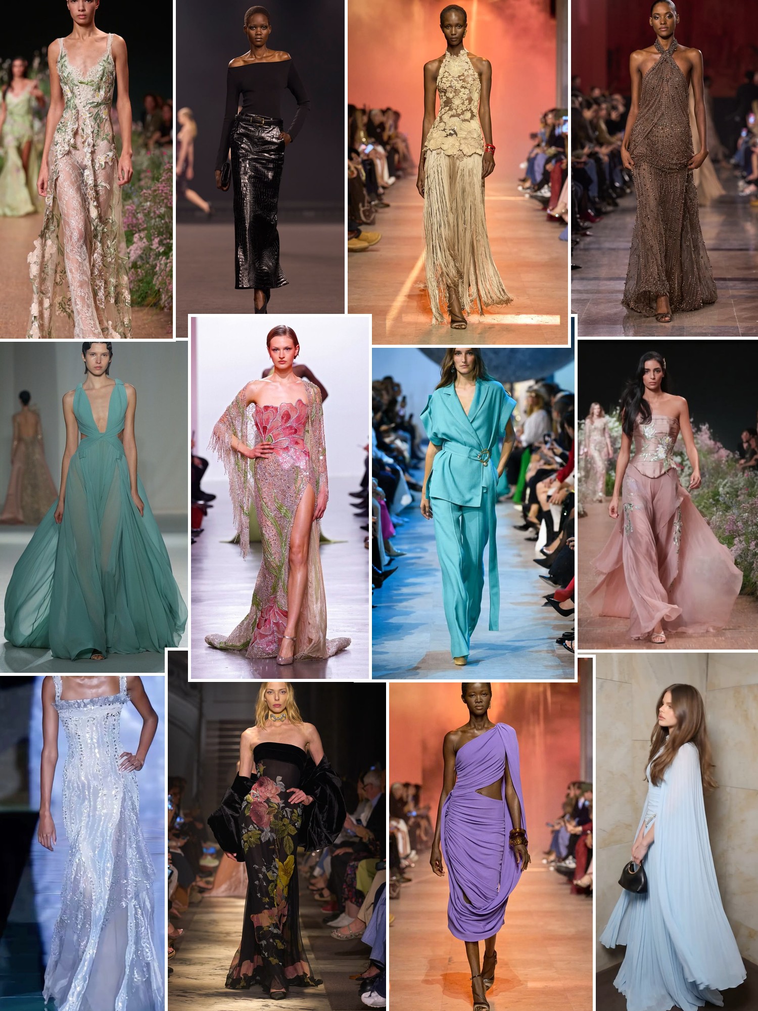 Collage of runway looks, campaign shots and street style outfits that capture the Elie Saab mood