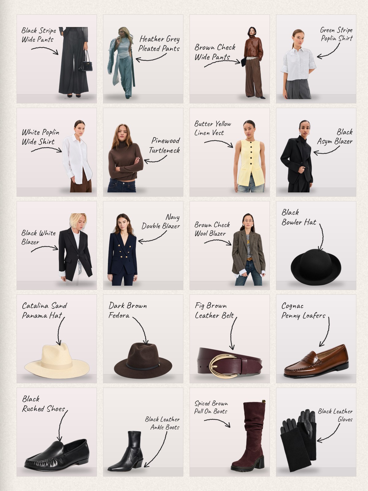 Collage: twenty Diane Keaton style products with handwritten labels