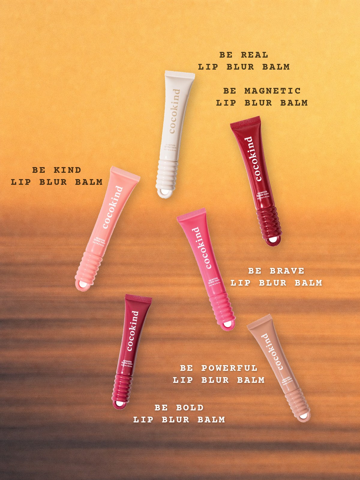 Floating-products collage featuring six cocokind Ceramide Lip Blur Balm shades: be real, be magnetic, be kind, be brave, be bold, and be powerful.
