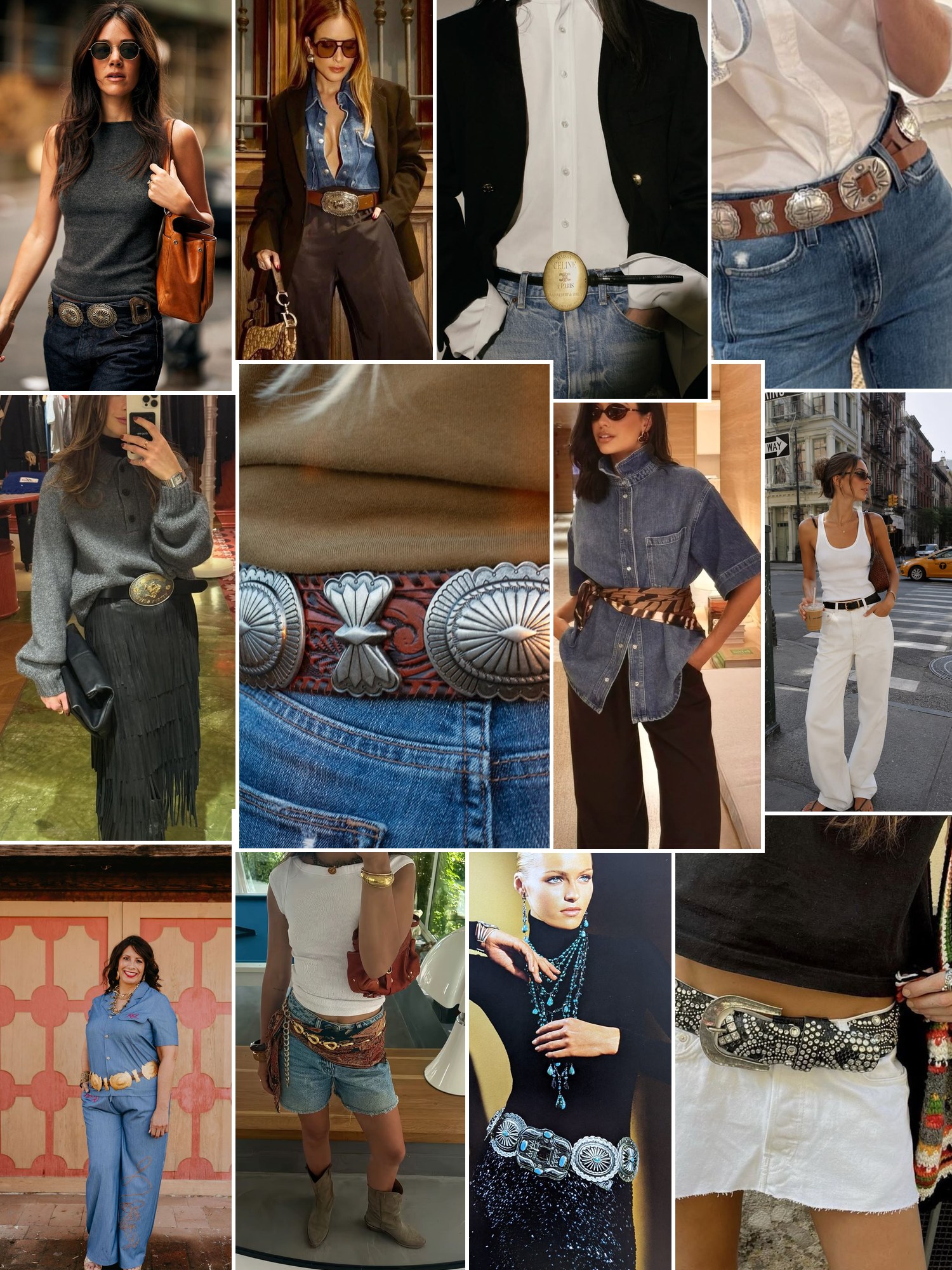 Street style collage of women wearing western belts with silver concho buckles