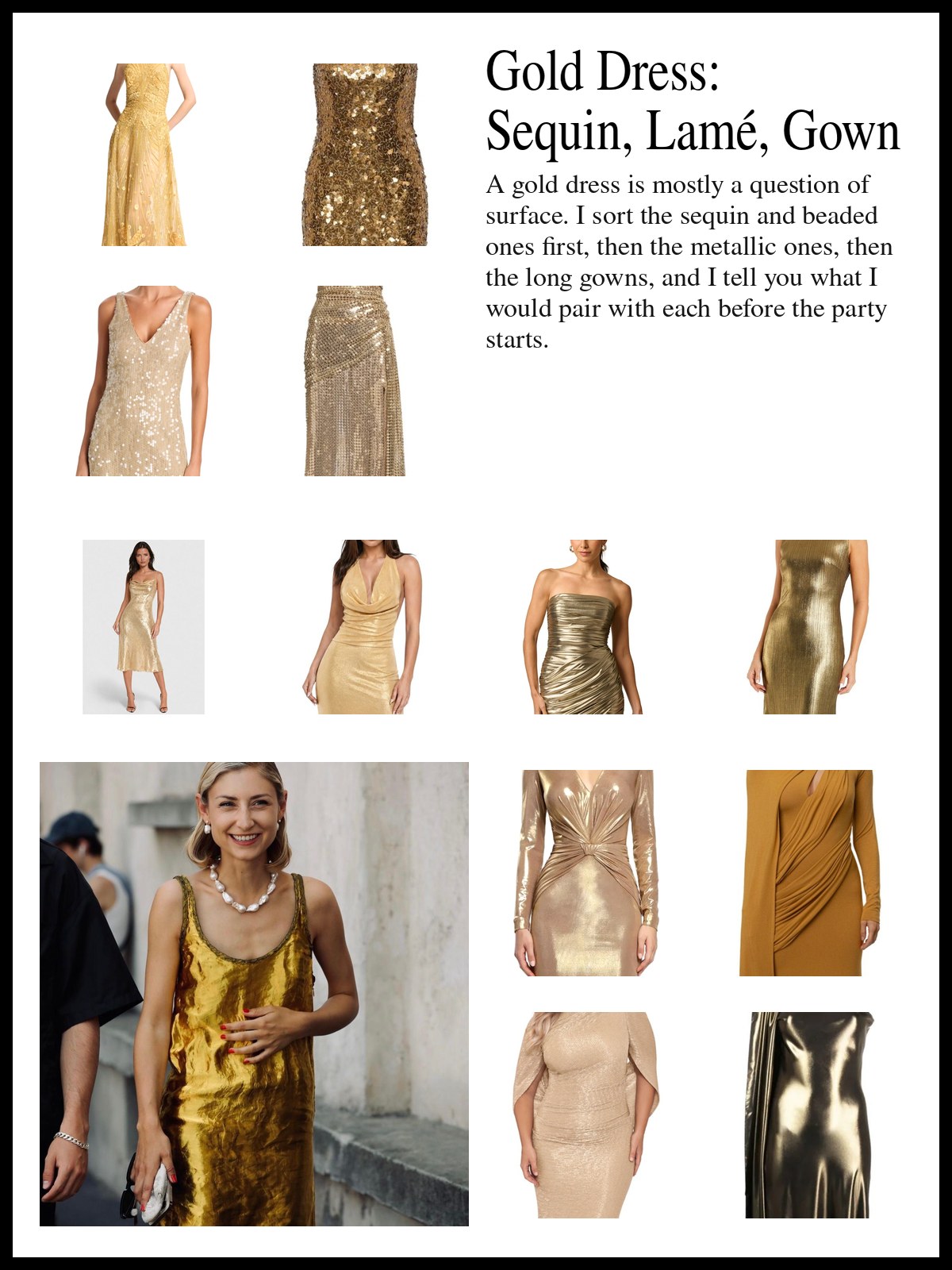 Collage of gold sequin and beaded dresses, gold lamé and metallic dresses, and gold gowns and maxi dresses, and a mood photo of a woman in a gold satin slip dress on the street.