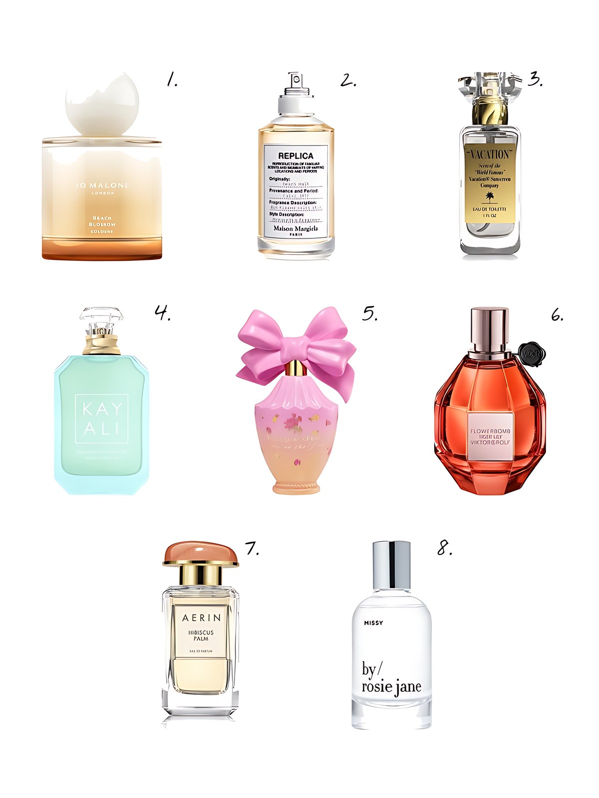 Numbered collage: 1. Jo Malone London Beach Blossom Cologne with Coconut Water and Vanilla; 2. Maison Margiela 'REPLICA' Beach Walk Eau de Toilette with Coconut Milk & Musk; 3. Vacation Vacation Eau de Toilette 1 oz.; 4. KAYALI MALDIVES IN A BOTTLE YLANG COCO | 20 Eau de Parfum; 5. LoveShackFancy Love on the Beach Eau de Parfum with Coconut & Frangipani; 6. Viktor&Rolf Flowerbomb Tiger Lily Eau de Parfum with Coconut Milk & Mango; 7. AERIN Hibiscus Palm Eau de Parfum; 8. By Rosie Jane MISSY eau de parfum with coconut