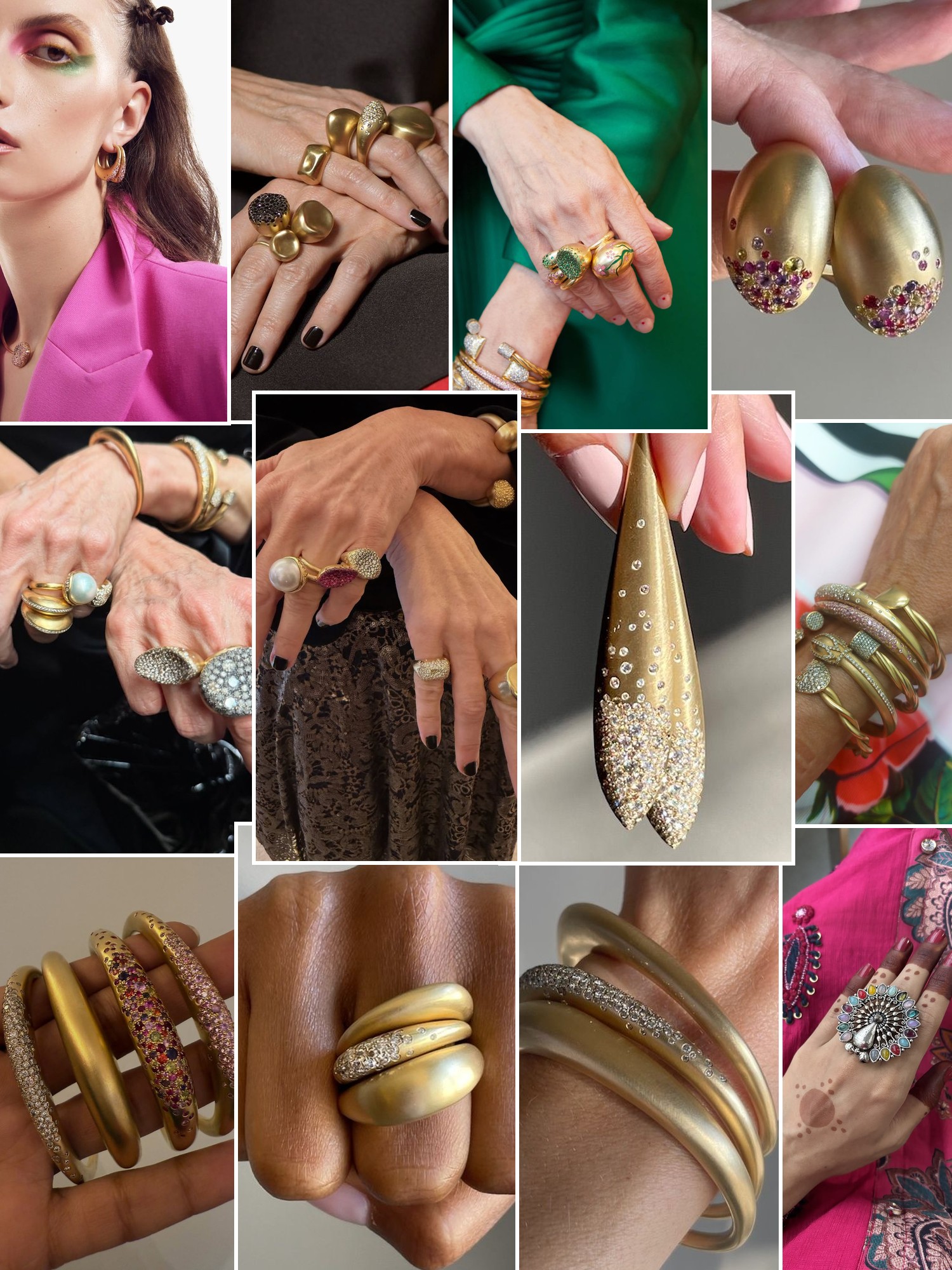 Collage of rings, earrings and layered necklaces worn up close, in the spirit of Nada Ghazal