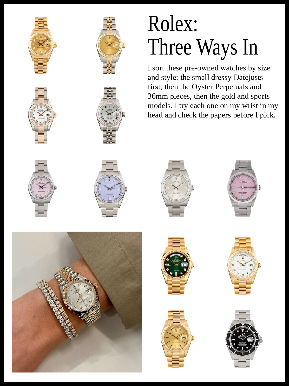 Collage of Lady-Datejust and Datejust 31 watches, Oyster Perpetual and Datejust 36 watches, and Day-Date, Submariner and GMT-Master II watches, and a mood photo of a two-tone Datejust worn with a diamond tennis bracelet