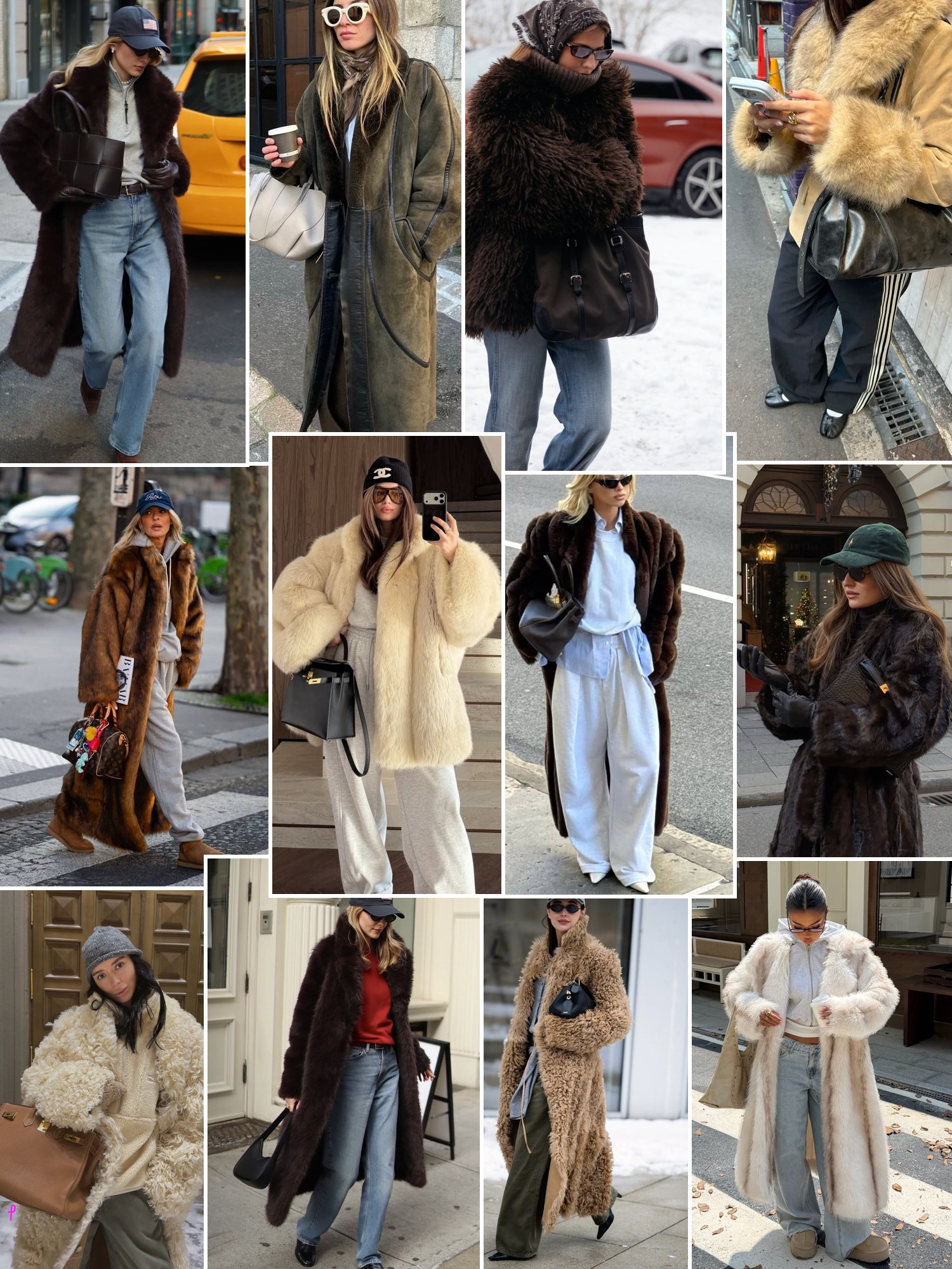 Street-style collage of 12 winter outfits built around faux fur and shearling coats