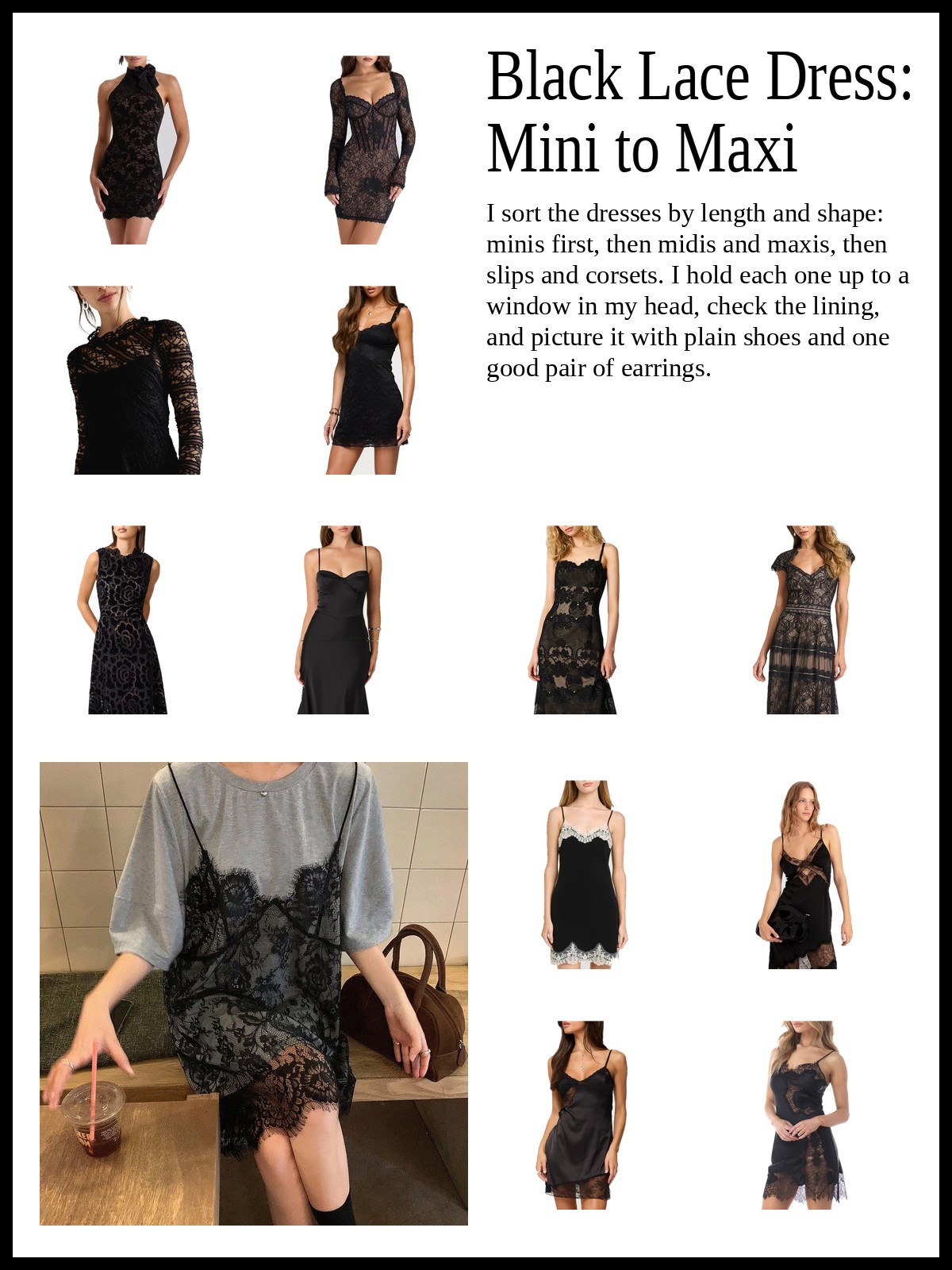 Collage of black lace mini dresses, lace midi and maxi dresses, and lace slip and corset dresses, and a mood photo of a black lace slip dress layered over a gray tee