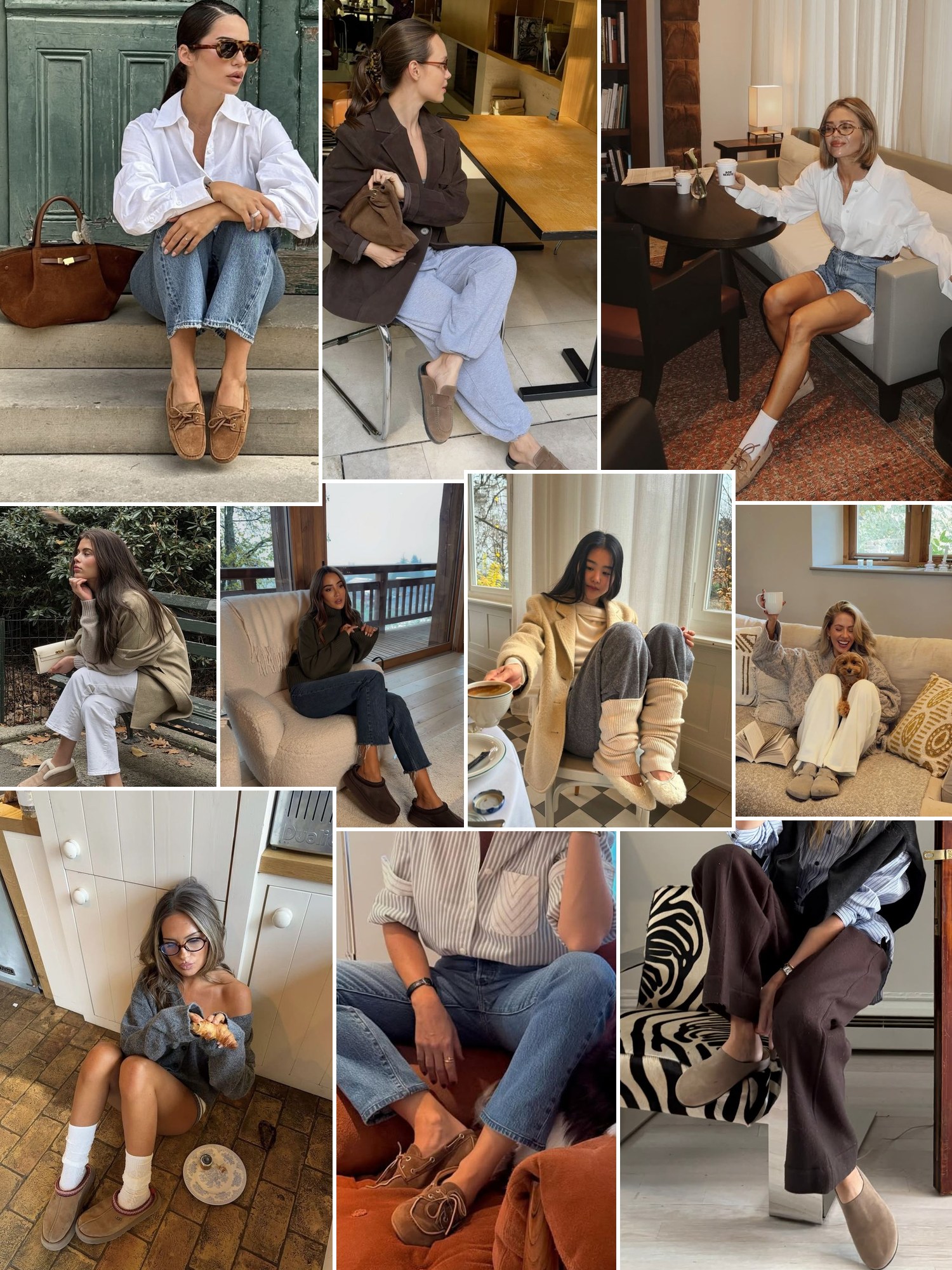 Collage of suede slippers with braided collars and similar looks
