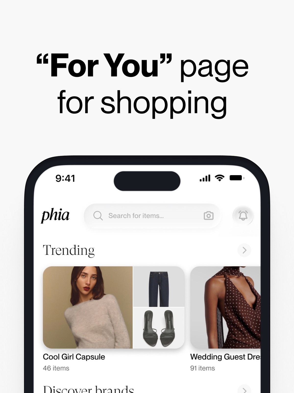 Phia For You shopping page with Trending looks, Discover brands and picks for you