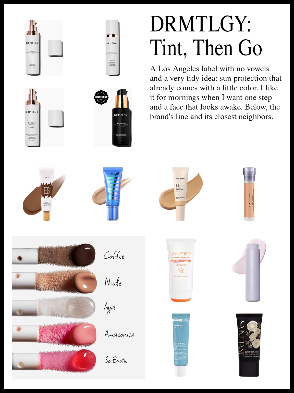 Collage of tinted moisturizers, skin tints and SPF creams beside a photo of five glossy lip color wands, from dark coffee brown to nude, clear shimmer, soft pink and cherry red, each labeled in handwriting.