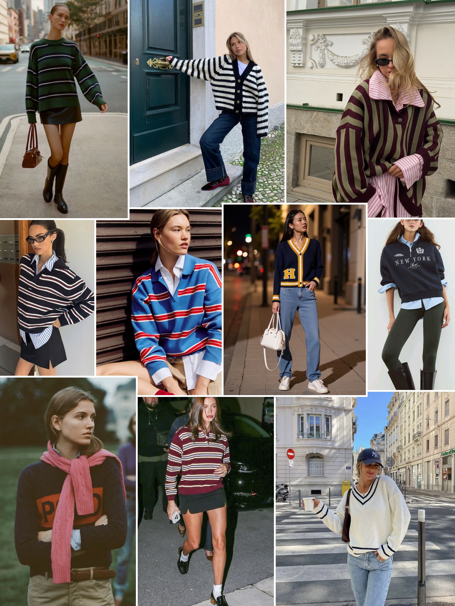 Street style collage of women wearing varsity sweater