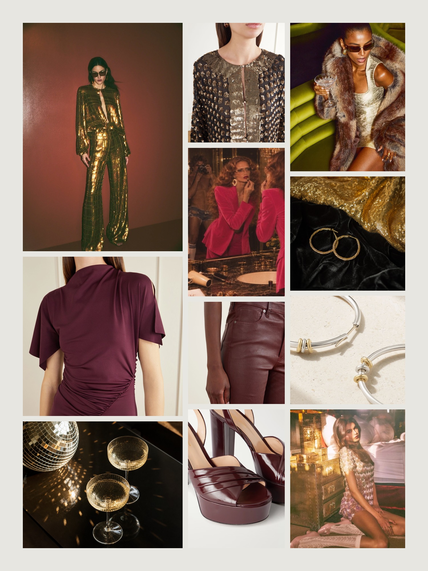 Mood board of disco outfits in gold, bronze and black
