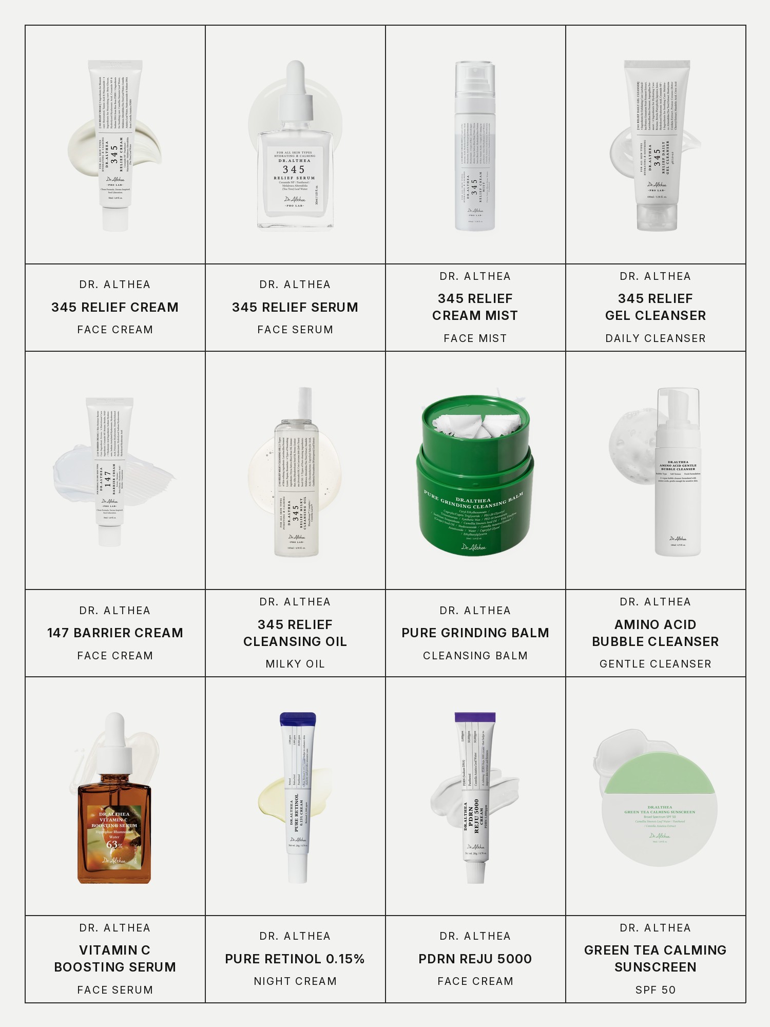 Twelve boxes on a pale gray page, one for each product in this edit, each with its brand and name printed below: Dr. Althea 345 Relief Cream, Dr. Althea 345 Relief Serum, Dr. Althea 345 Relief Cream Mist, Dr. Althea 345 Relief Daily Gel Cleanser, Dr. Althea 147 Barrier Cream, Dr. Althea 345 Relief Milky Cleansing Oil, Dr. Althea Pure Grinding Cleansing Balm, Dr. Althea Amino Acid Gentle Bubble Cleanser, Dr. Althea Vitamin C Boosting Serum, Dr. Althea Pure Retinol 0.15% Cream, Dr. Althea PDRN Reju 5000 Cream and Dr. Althea Green Tea Calming Sunscreen SPF 50.