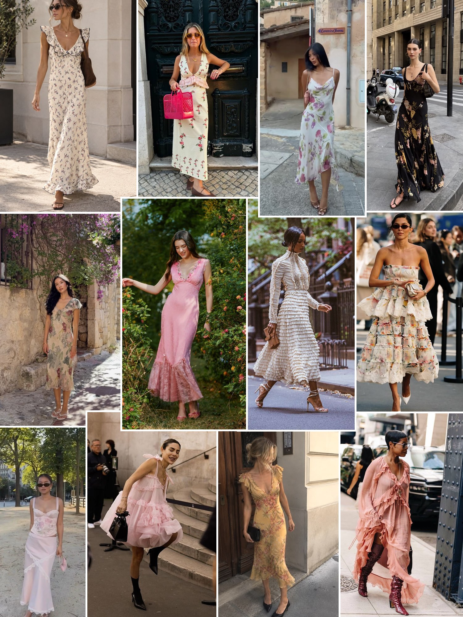 Collage of floral midi dresses with ruffles and similar looks