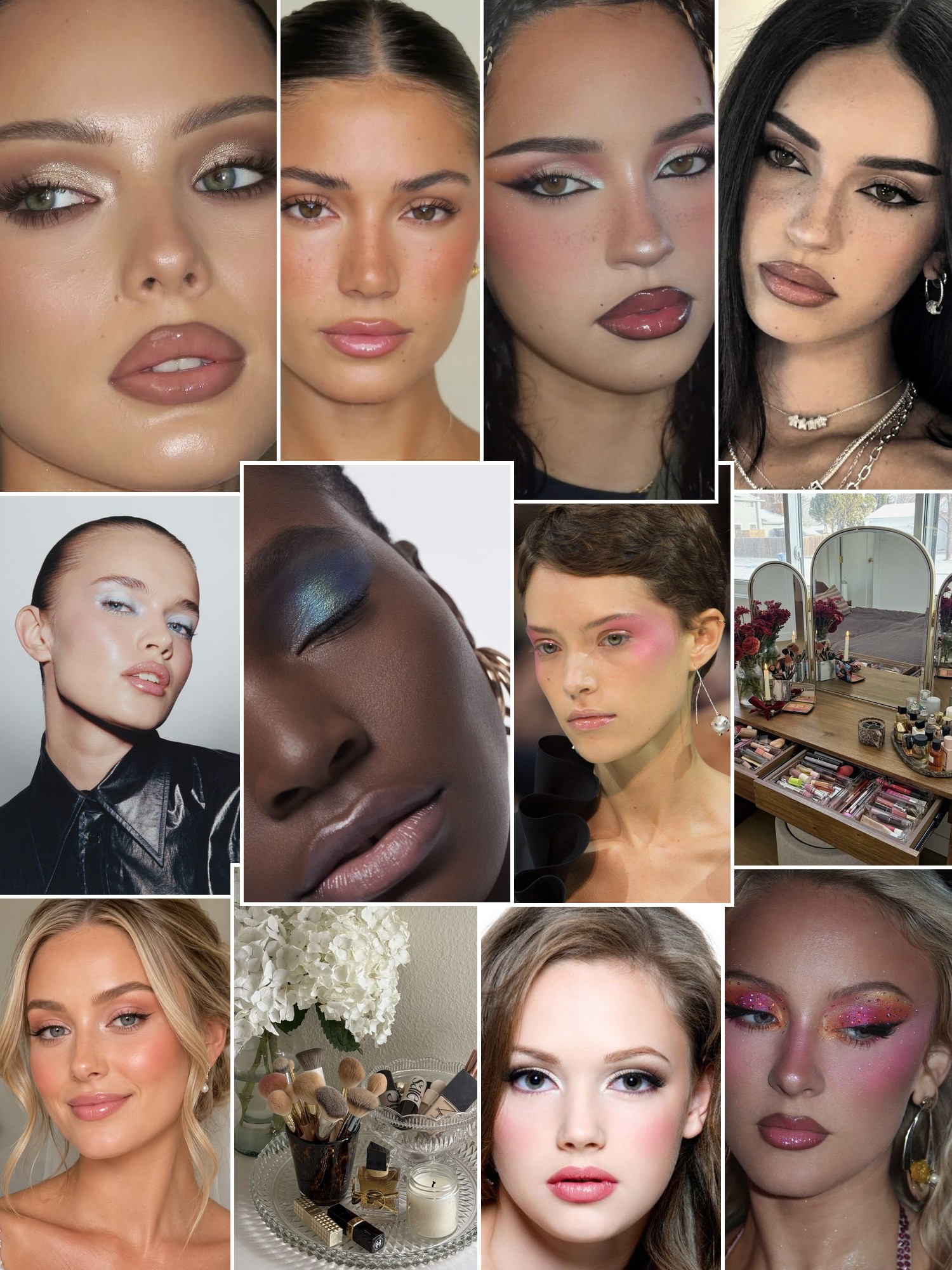 Collage of makeup looks with luminous skin, sculpted eyes, colorful shadows and a styled beauty vanity