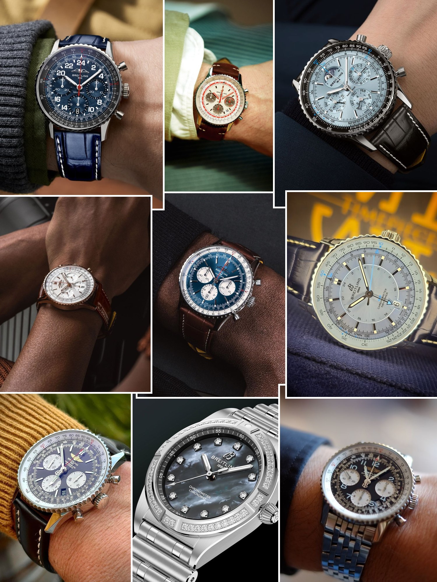 Collage of everyday outfits built around Breitling watches
