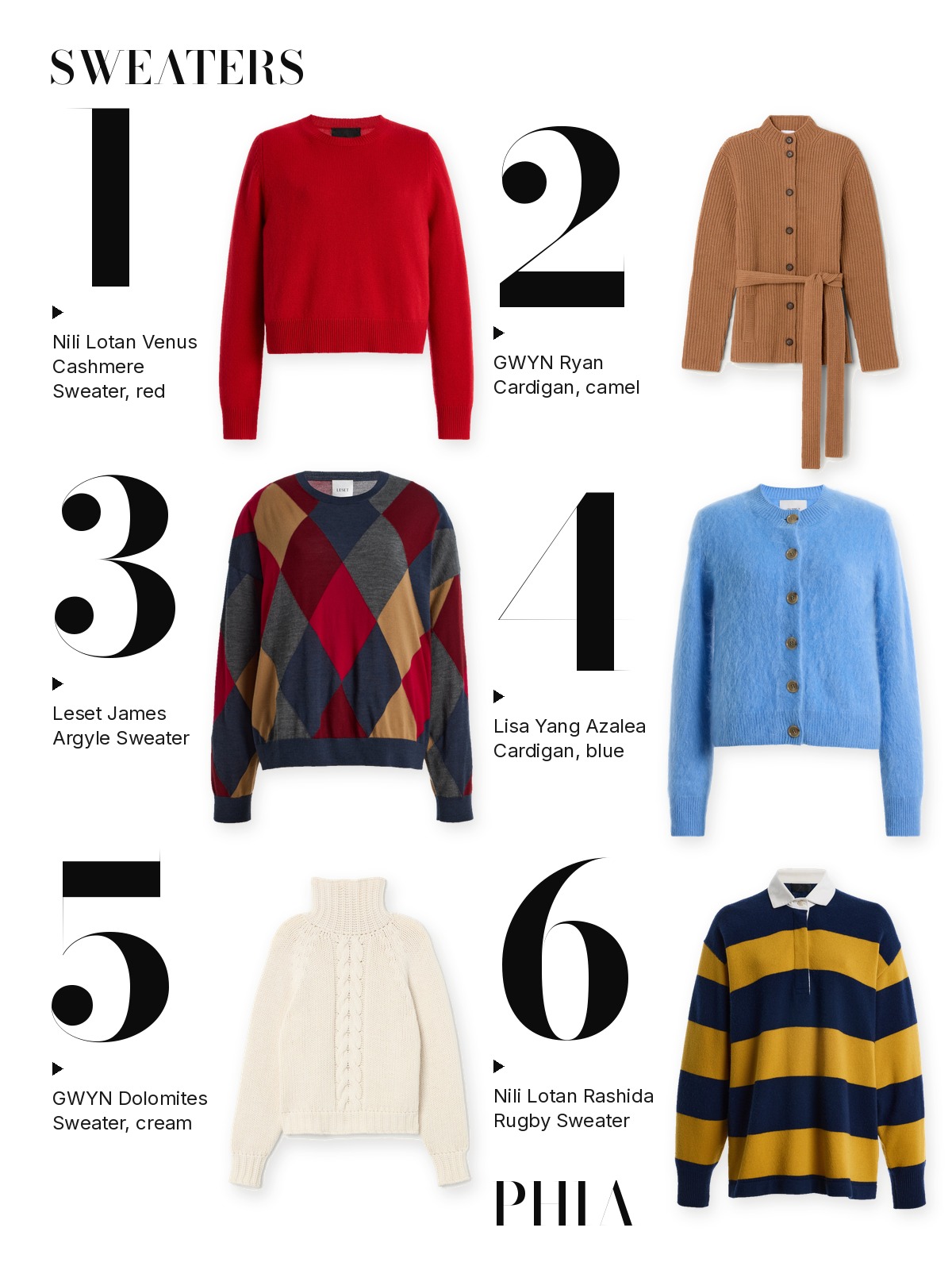 Numbered collage of six sweaters from this edit: Nili Lotan Venus Cashmere Sweater, GWYN Ryan Cardigan, Leset James Argyle Sweater, Lisa Yang Azalea Cardigan, GWYN Dolomites Sweater and Nili Lotan Rashida Rugby Sweater.
