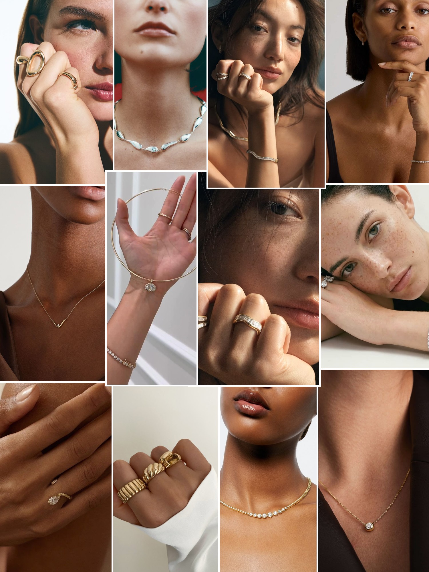 Collage of rings, earrings and layered necklaces worn up close, in the spirit of VRAI