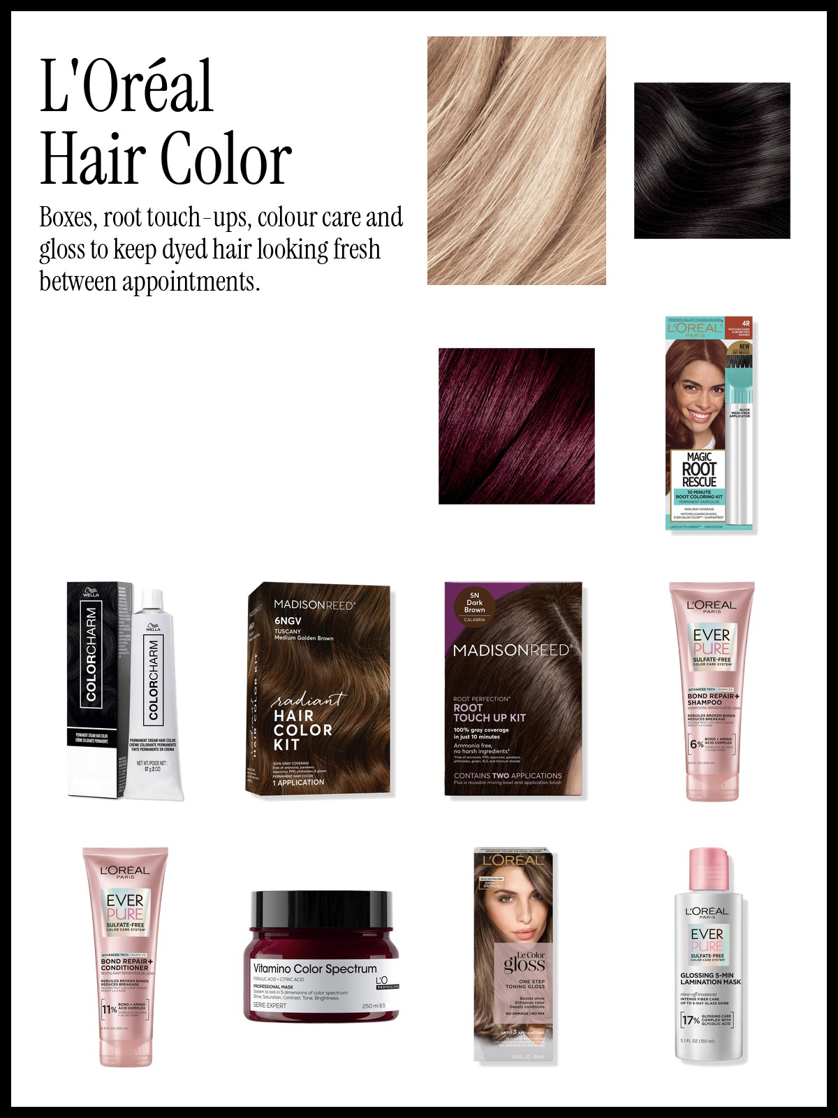 Collage of L'Oréal Paris Superior Preference and Excellence Triple Protection hair color boxes with the Wella Colorcharm cream and colour care