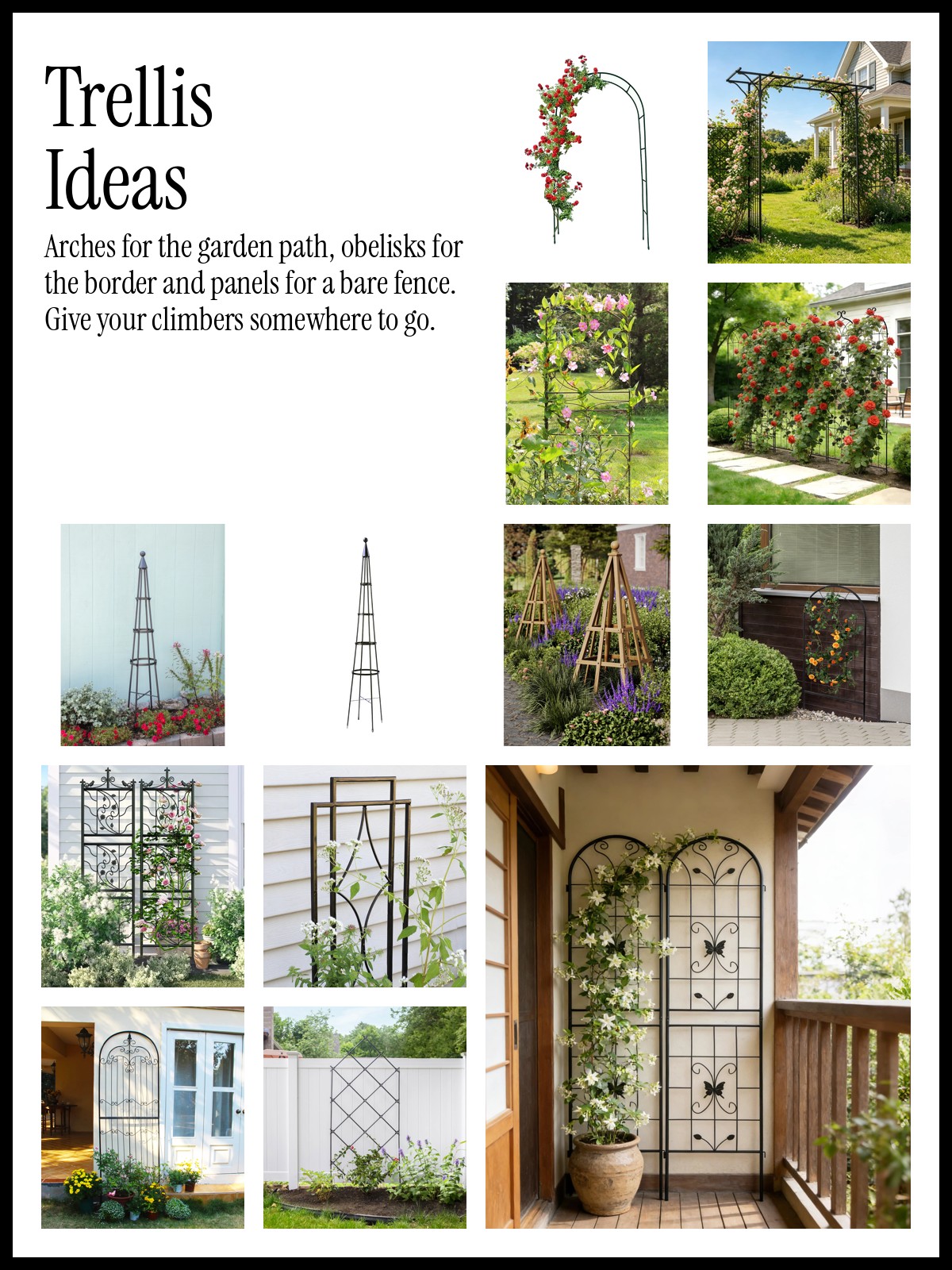 Collage of trellises, garden arches, obelisks and wall panels