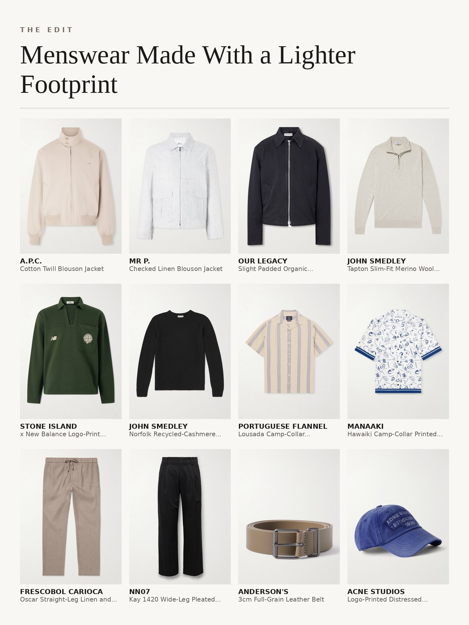 Collage of menswear made with a lighter footprint: organic cotton jackets, John Smedley knitwear, camp-collar shirts, AGOLDE jeans and leather belts