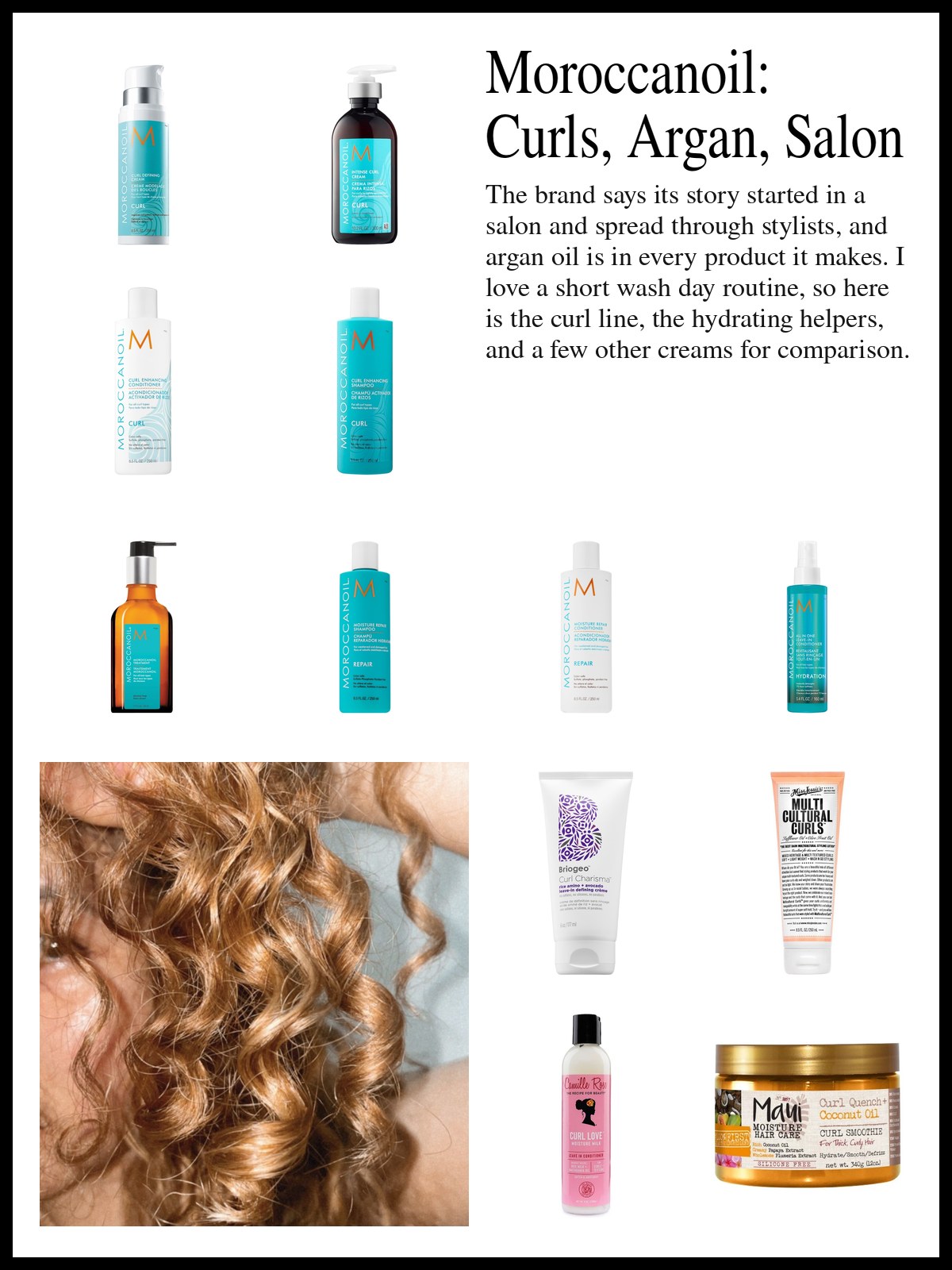Collage of Moroccanoil curl cream, shampoo and conditioner, argan oil treatments and leave-in conditioners, and curl creams from other brands, with a mood photo of glossy golden curls up close.