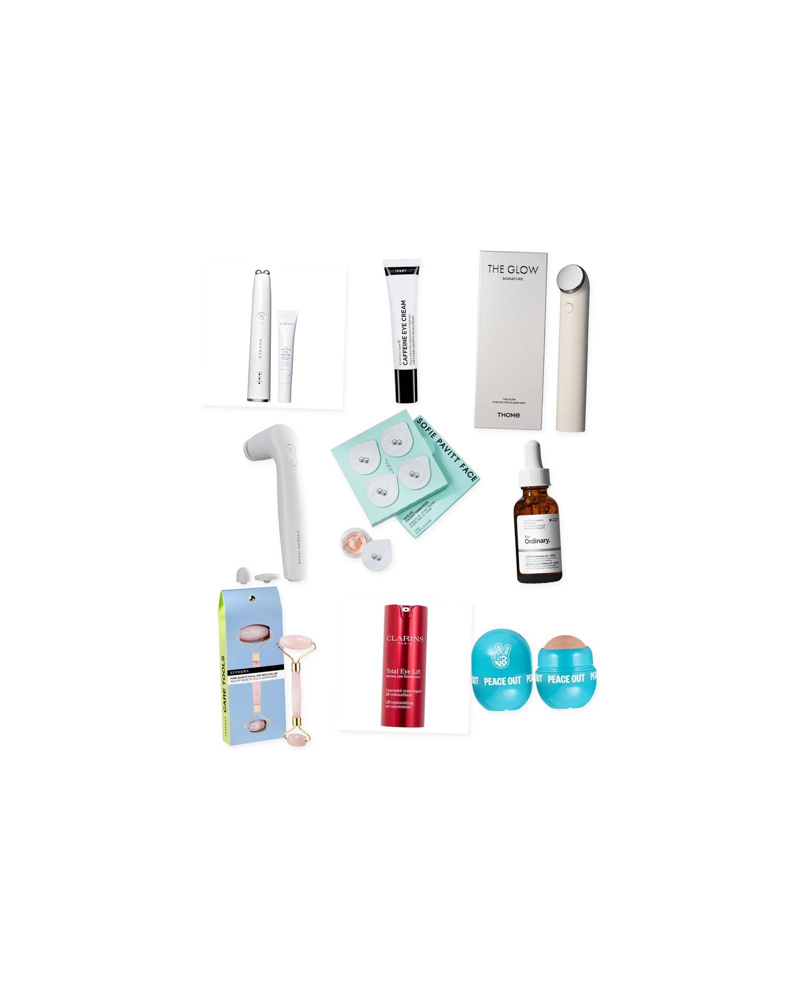 Collage on a white background showing Peace Out Oil Control Reusable Facial Roller For Oily Skin and Shine Control, Thome The Glow SIGNATURE Professional-Grade Ultrasound Skincare Device for Firming, Radiance & Anti-Aging, The INKEY List Caffeine De-puffing + Dark Circle Eye Cream, Sephora Collection Rose Quartz Facial Roller, NuFACE NUFACE® FIX MicroWand Microcurrent Device, Clarins Total Eye Lift Refillable Eye Cream for Firming, Wrinkles, Dark Circles & Puffiness, Sofie Pavitt Face Nice Ice Frozen Cryo Rescue Treatment to Depuff and Calm Skin, Shani Darden Skin Care Facial Sculpting Wand and The Ordinary Caffeine Solution 5% + EGCG Depuffing Eye Serum for Dark Circles.