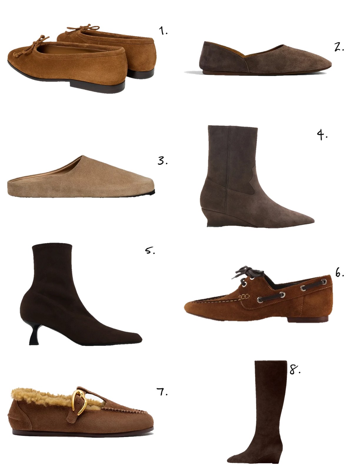 Numbered collage: 1. Loeffler Randall Noelle Suede Ballet Flat in Cacao; 2. Khaite Jane Flat in Sable Suede; 3. Dear Frances Vico Mule in Caramel Suede; 4. Le Monde Béryl Camille Boot in Pepper Suede; 5. Nodaleto Dona Stretch Boot 50 in Dark Brown Suede; 6. Souliers Martinez Moka Laced Suede Flat; 7. Larroudé Hydra Shearling Moccasin in Burnt Umber; 8. aeyde Hana Knee-High Suede Boot
