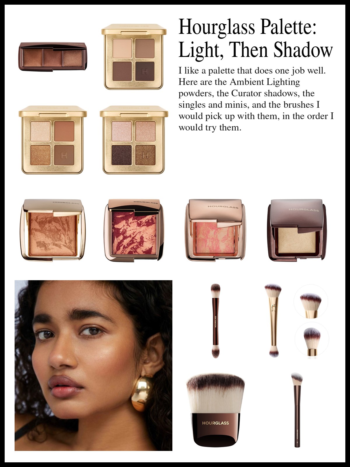 A collage of Hourglass palettes, Ambient Lighting powders, blush and bronzer, and makeup brushes, and a mood photo of a woman with glowing bronzed skin and gold earrings.