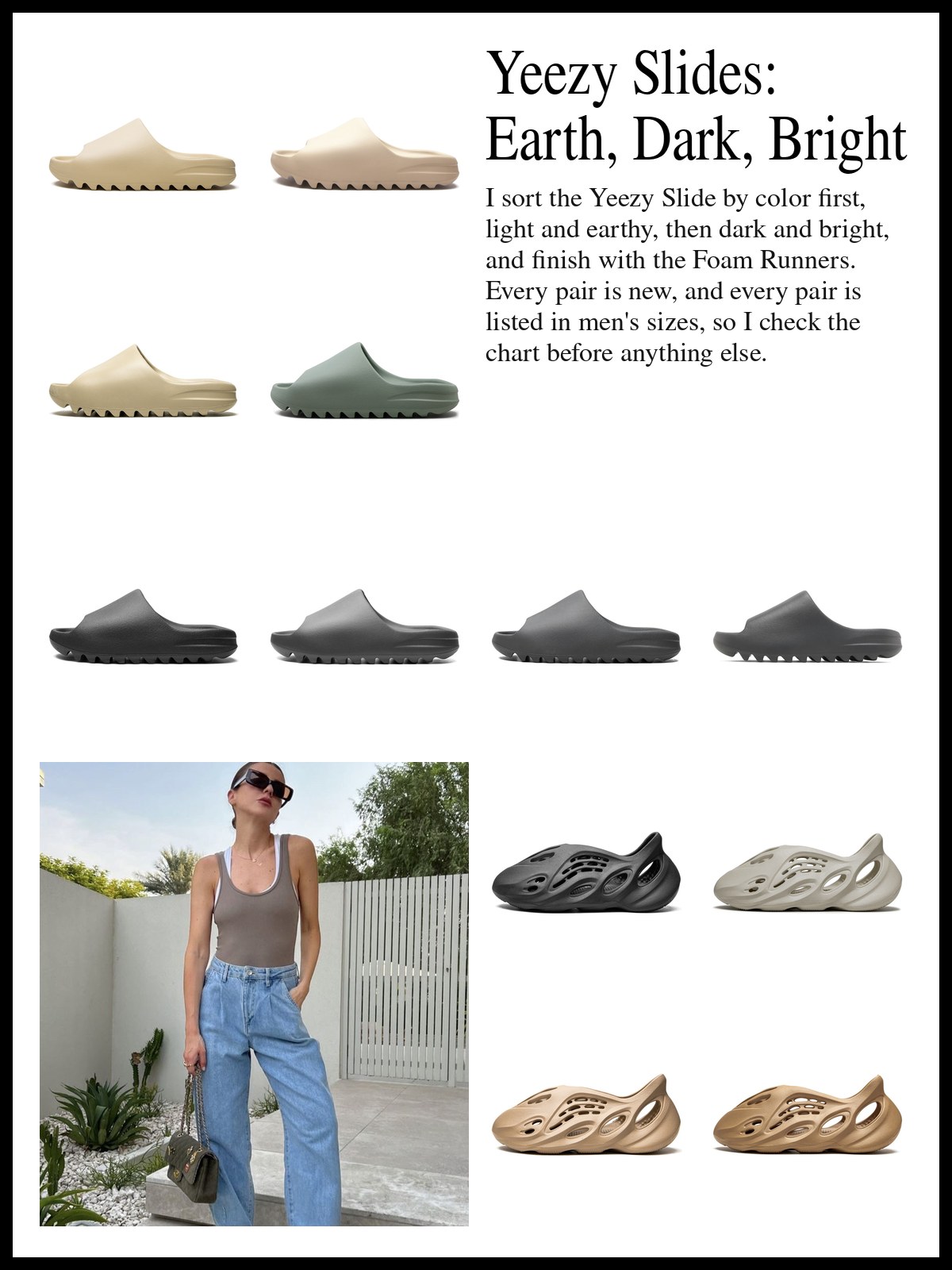 Collage of adidas Yeezy Slides in light earthy colors, Yeezy Slides in dark neutrals and brights, and Yeezy Foam Runners with a 450 Slide, and a mood photo of a woman in a gray tank and loose jeans wearing slides on a sunny patio.
