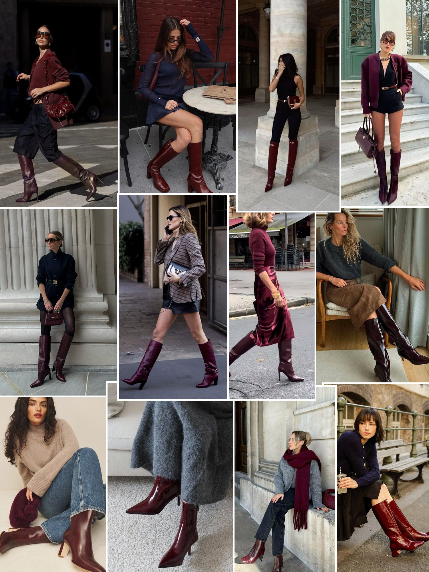Street style collage of women wearing Burgundy boots