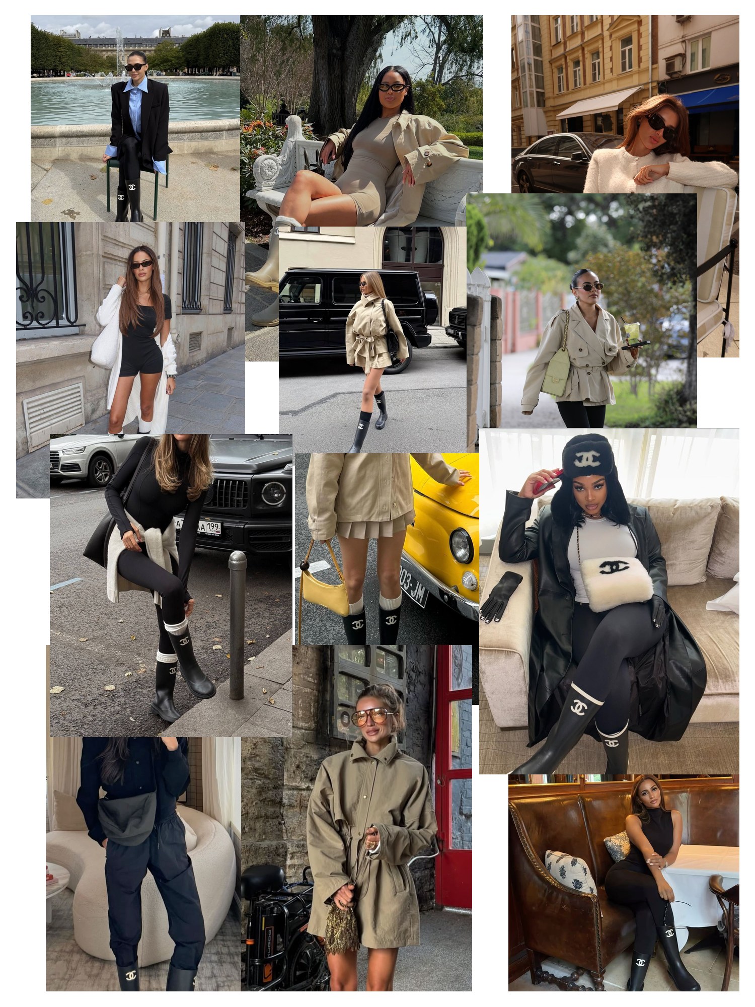 Collage of twelve street-style and editorial photos featuring Chanel Rain Boots, scattered and overlapping